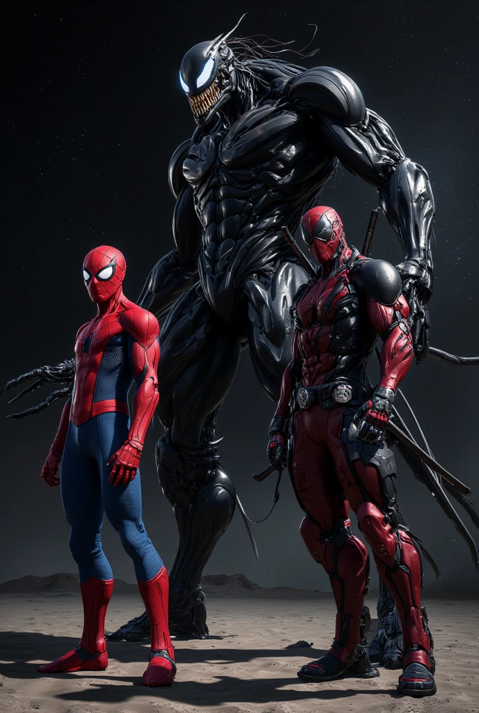 Spider man Deadpool and venom are standing together in dark desert