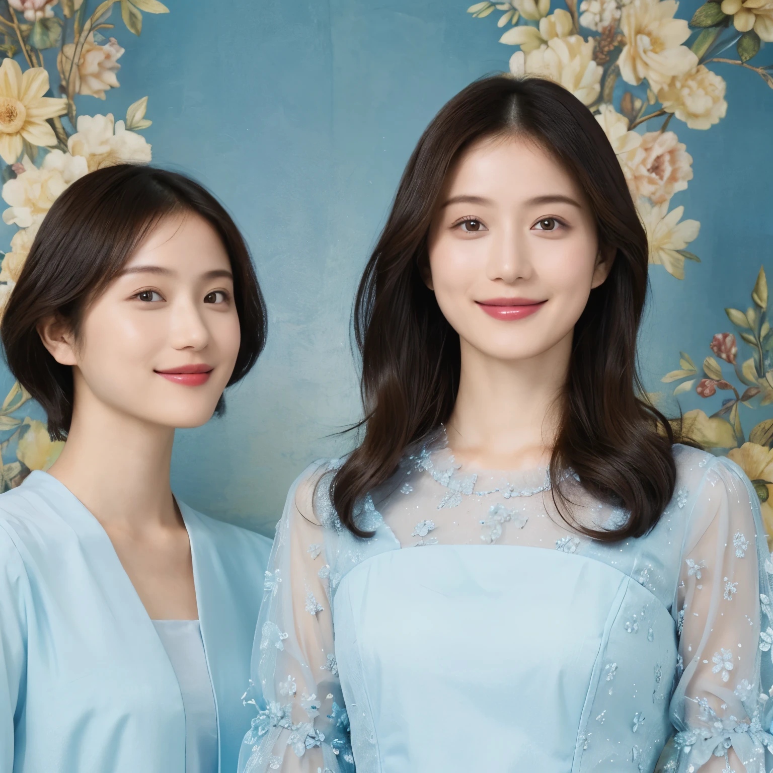 there are two people standing next to each other on a bridge, ao dai, fashion magazine photography, fine art fashion magazine style, in style of lam manh, 🤬 🤮 💕 🎀, magazine photography, magazine photo shoot, magazine shoot, tight light blue neopren suits, editorial photo from magazine, photoshoot, wedding photo, magazine photoshoot((optimal quality)), ((masterpaintings)), (A detailed:1.4), 3D, Beautiful images of cyberpunk women, hdr(HighDynamicRange),raytrace,NVIDIA RTX,Hyper-Resolution,illusory 5,sub-surface Scattering,PBR textures,Post-processing,Anisotropic filtering,depth of field,Maximum clarity and sharpness,multi-layer texture,Albedo e mapas Speculares,Surface Coloring,Accurate simulation of light-material interactions,perfectly proportioned,octane render of the,duotone lighting,Wide aperture,Low ISO,White balance,trichotomy,8K raw data,masterpaintings,optimal quality,(8k very detailed CG unit wallpaper)(optimal quality),(best illustrations),(Best Shadow)Golden waves,Bright orange AOL sunset through the waves,Golden water droplets flying,(:1. 6),