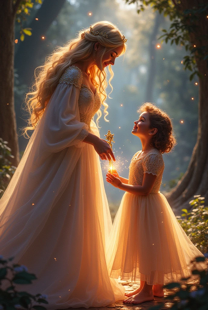 
Create a scene where the child, still perplexed, is guided by a majestic Lady, dressed in a cloak that shines as if it were made of stars. The Lady must be holding Don Bosco&#39;s hand with a kind and protective expression..
