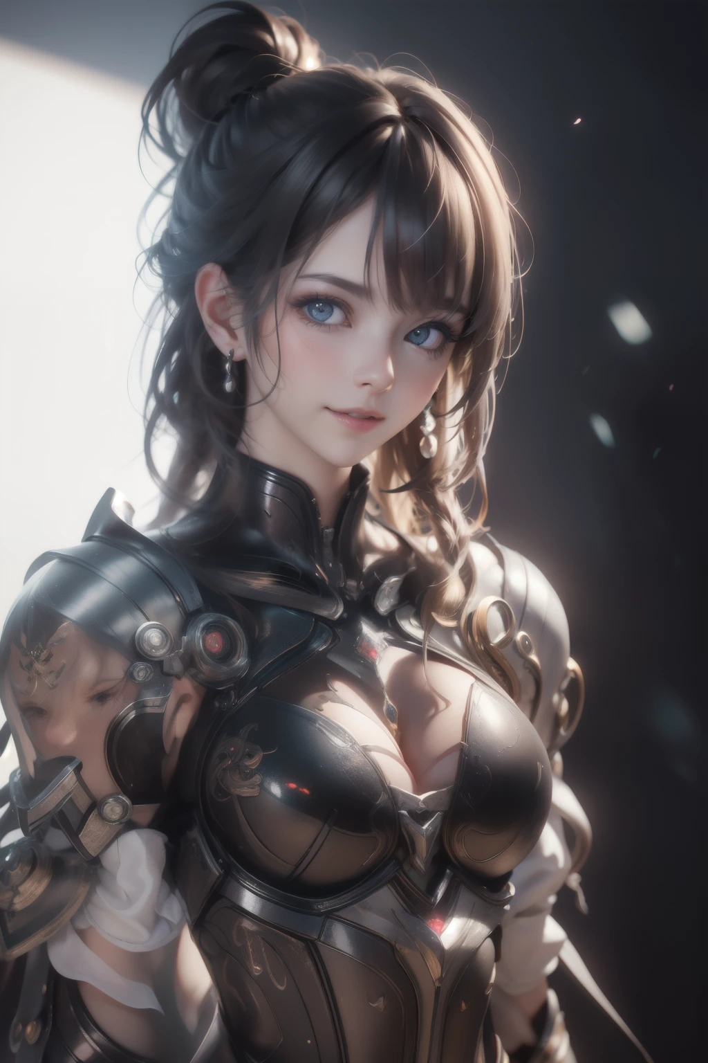 realistic photography, high definition, perfect details, beautiful young woman, biomechanical body, perfect face, discreet smile, soft makeup, dark colors, chrome detail, threatening warrior, sexy, dark background, cyberpunk universe