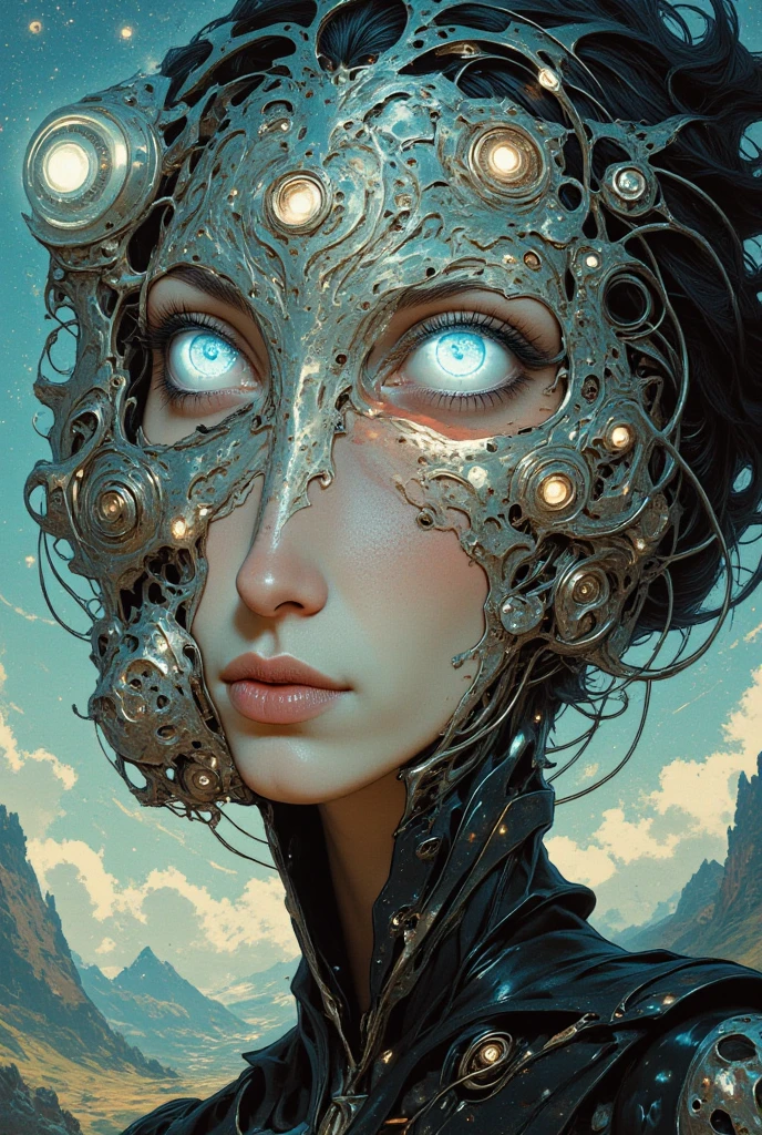 complex 3d render ultra detailed beautiful death angel, biomechanical cyborg, analog 150 mm lens, beautiful natural soft rim light, neon vein, roots, fine foliage lace, colorful details, Boris Bidjan Saberi outfit, pearl earrings, piercing, art nouveau fashion embroidered, intricate details, mesh wire, mandelbrot fractal, facial muscles, cable wires, microchip, badass, hyper realistic, ultra detailed, octane render, volumetric lighting, 8k post-production, red and white with a bit of black, detailled metalic bones, semi human, iridescent colors, Glenn Brown style, futuristic room, power of the god, high-angle shot, complex body poses --auto --s2