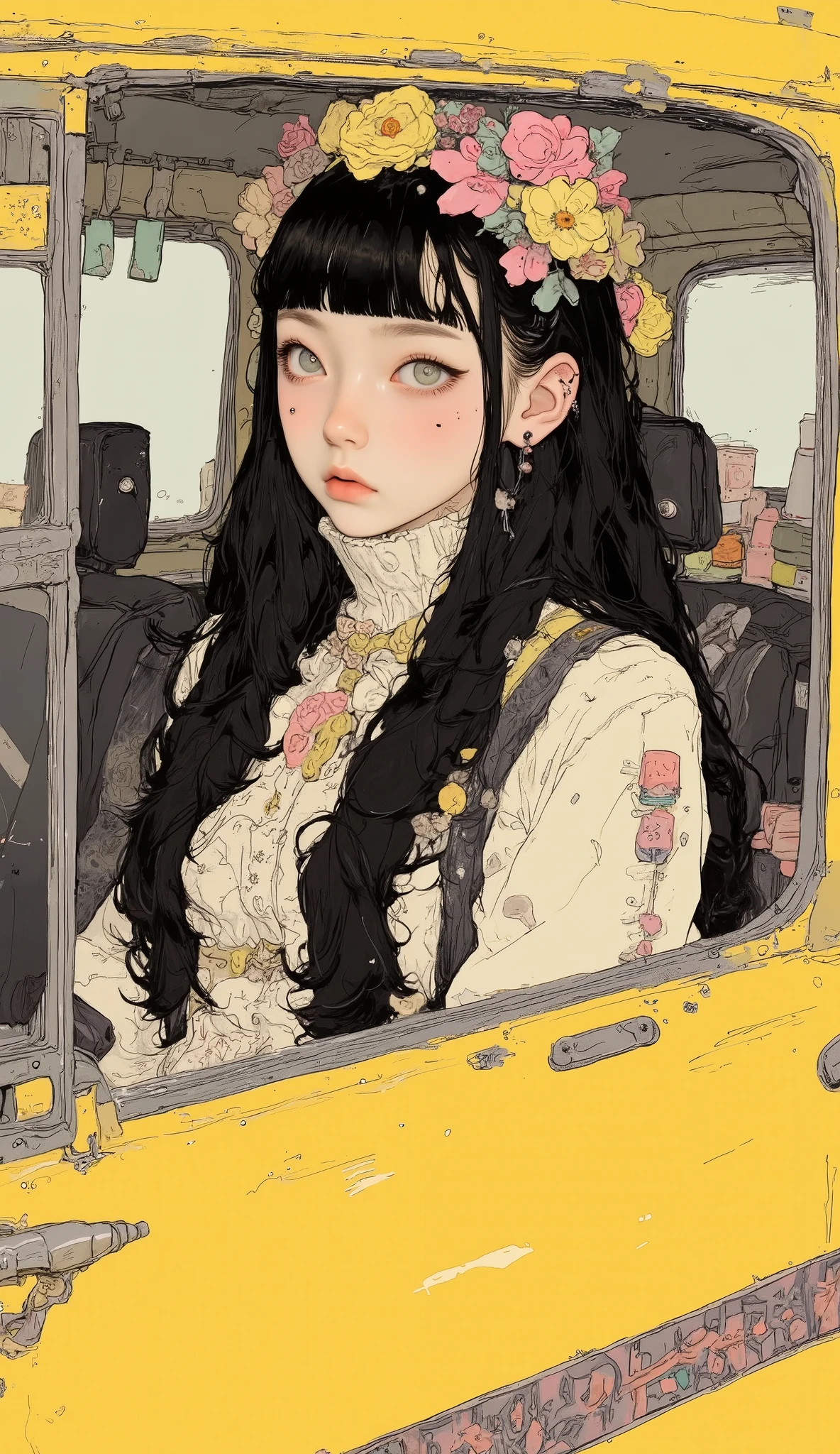 There is a high school girl in the yellow taxi、 upper body、 close-up  ,Black long hair,  bangs with lots of flowers 、 If you look at the angle  ,  cardigan , stylish hair ,  Surrealism  ,  Japanese cartoon style ,  graphic details  , Detailed details  ,Portrait of a schoolgirl  ,  full color,  anatomically accurate,  high definition ,
