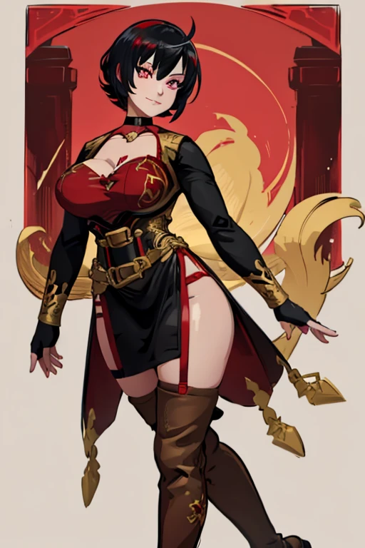 ((Best Quality, in 8K, femele, Seen from the front,masuter piece :0.5)), 1 Woman in fantasy monk attire in orange and white tones, (One head, Two arms, I don't have anything in my hands, Brown shorthair, closed eye, Scarlet eyes, Black long tights, large full breasts, I'm in love with, glad, long boots,),