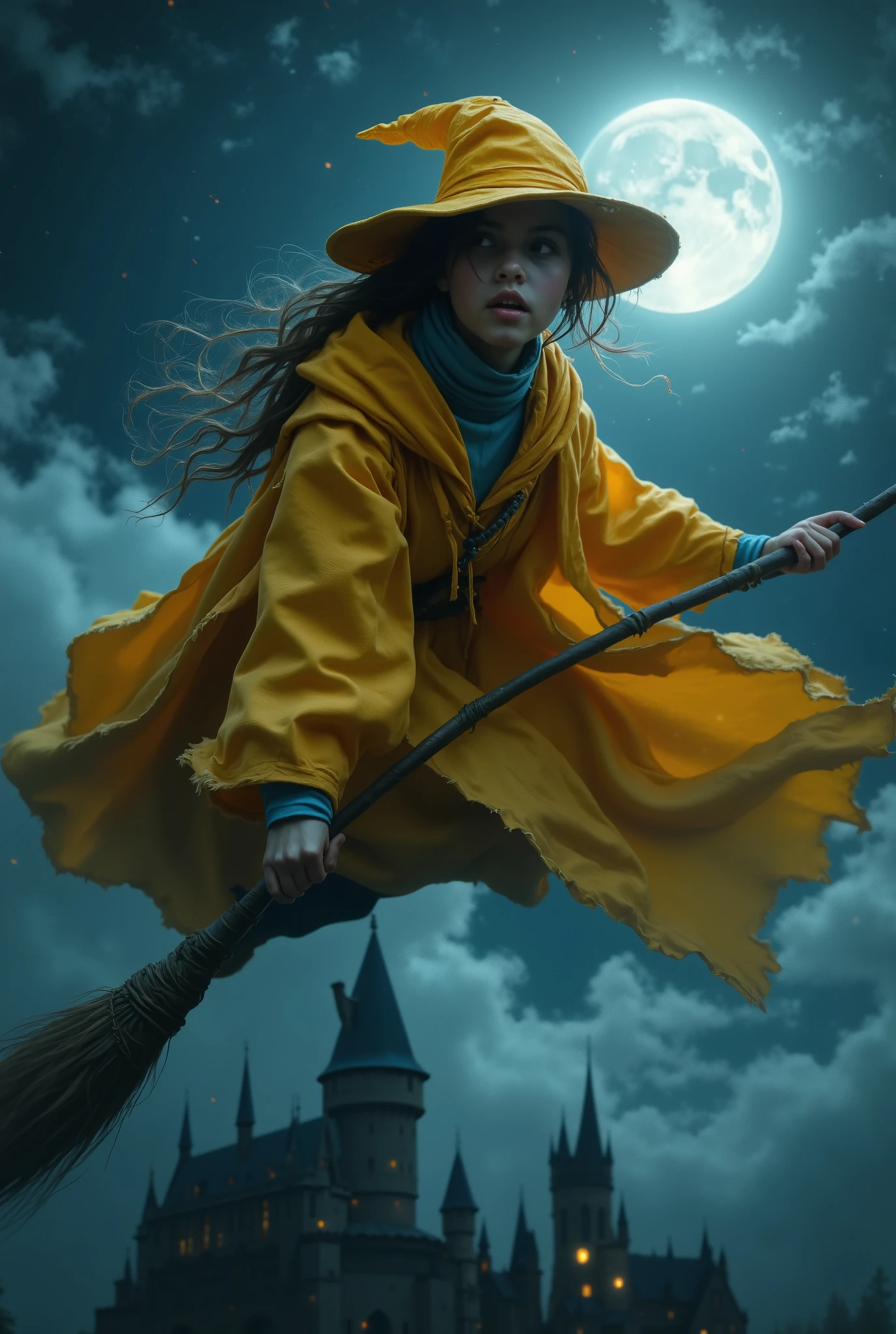 A beautiful -yeld wid girl soars gracefully through the night sky on her broomstick, illuminated by the soft glow of a full moon. She wears plain deep yellow wizard robes that flow elegantly in the wind, paired with a matching deep yellow pointy hat tilted slightly to one side, adding a playful charm. Beneath her robes, a picton blue turtleneck peeks out, offering a subtle yet vibrant contrast to her golden attire.
Her youthful face, framed by cascading locks of dark, windswept hair, reflects a quiet determination and a hint of wonder. Her broomstick, made of smooth, polished wood with neatly arranged bristles, balances her lithe figure effortlessly as she glides through the air.
Below her, a shadowy castle emerges from a blanket of mist, its spires reaching toward the heavens, adding depth and intrigue to the composition. The night sky, painted with moody clouds and faint glimmers of starlight, serves as a dramatic backdrop, amplifying the magical and enchanting atmosphere of this captivating scene