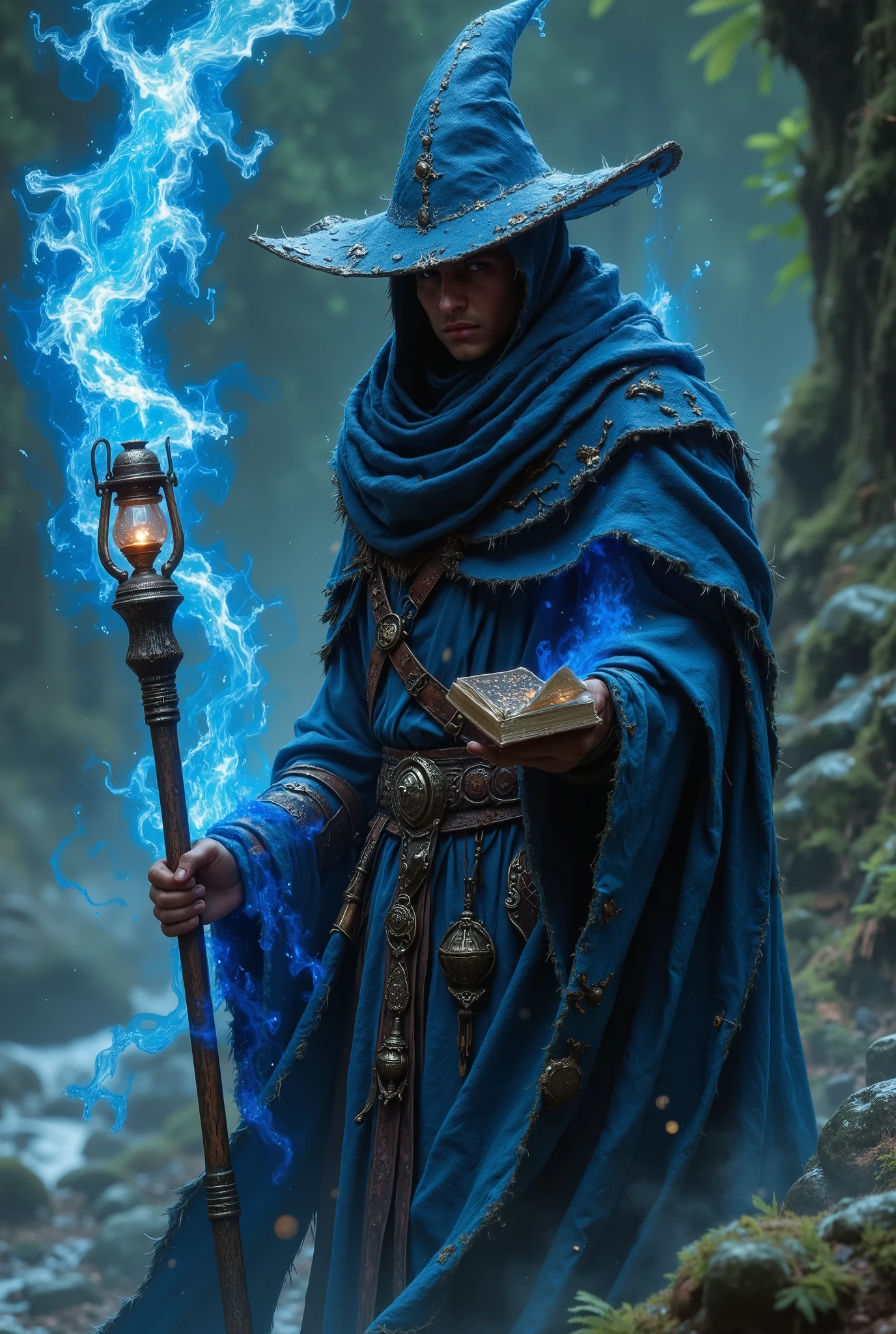 (photorealism:1.2), A young handsome dark-skinned RPG wizard, using a large wooden staff, with a hanging copper lamp on the end, the lamp is blue fire and has a lantern design. him fighting using water magic, his staff covered with water spirit, realism, ultra HD, full body. . wearing deep azure blue color wizard robe. jet black color turttleneck inside robe. wear deep azure blue pointy hat. another hand holding glemering magic book. casting spell when read from book. sharp nose. His striking almond-shaped eyes are a deep emerald green with vivid golden flecks that glimmer . His gaze is piercing yet warm, drawing anyone in with its magnetic intensity.. duel scene with monster without head. action fighting scene