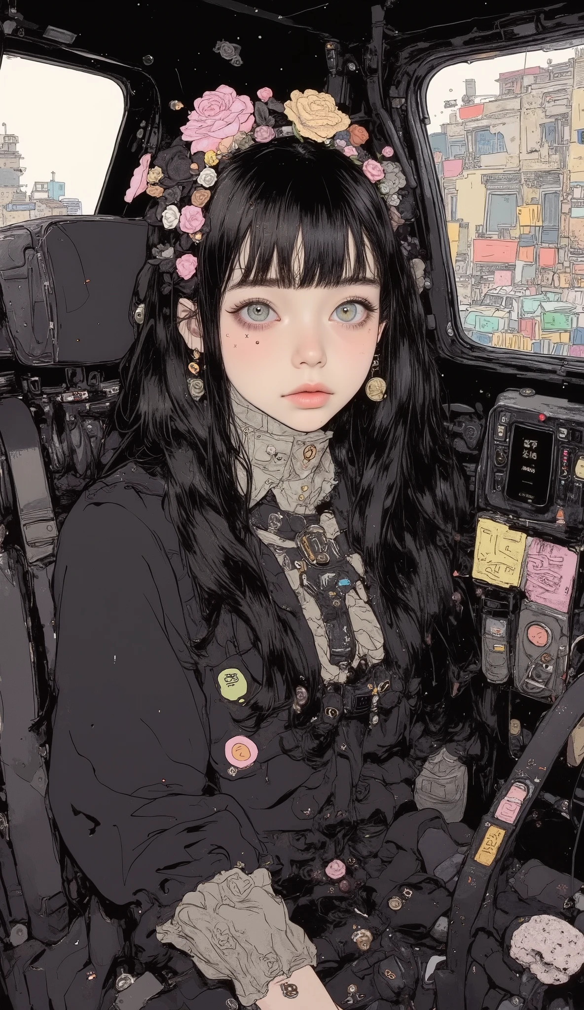 There is a high school girl in a black taxi、 upper body、 close-up  ,Black long hair,  bangs with lots of flowers 、 If you look at the angle  ,  cardigan , stylish hair ,  Surrealism  ,  Japanese cartoon style ,  graphic details  , Detailed details  ,Portrait of a schoolgirl  ,  full color,  anatomically accurate,  high definition ,
