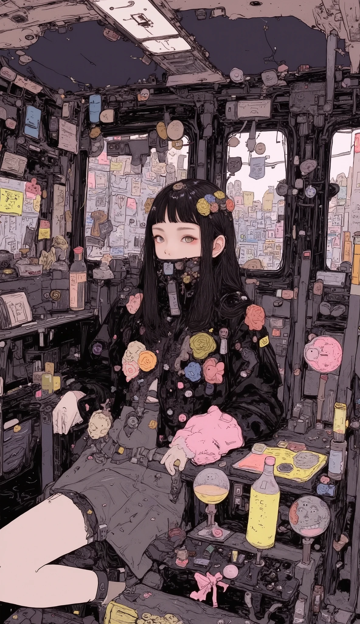 There is a high school girl in a black taxi、 upper body、 close-up ,Black long hair, bangs with lots of flowers 、 If you look at the angle , cardigan , stylish hair , Surrealism , Japanese cartoon style , graphic details , Detailed details ,Portrait of a schoolgirl , full color, anatomically accurate, high definition ,