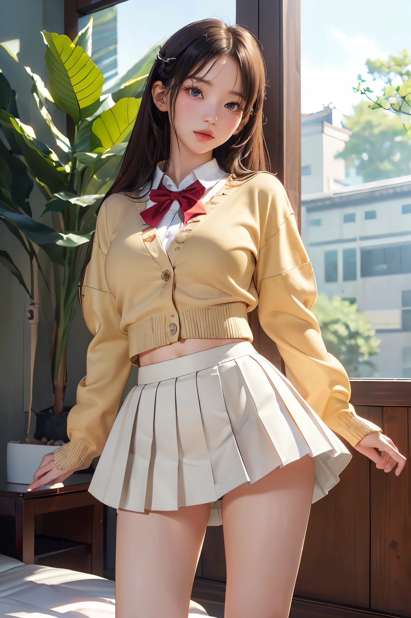, pretty face, perfect body, small waist and big breasts, slim legs, big breasts, realistic skin, full body image, (redemption, 8k, masterpiece: 1.2), Japanese female, 18 years old, (high resolution beautiful face), amazing face and eyes, (highest quality: 1.4), (ultra detailed), (high resolution CG integrated 8K wallpaper), high resolution, high resolution raw color photo, professional photo, realistic portrait, amazing face and eyes, depth of field, ((elaborately designed, gorgeous and colorful adult costume)), ((elaborately designed, gorgeous and colorful adult shorts, high resolution panty portrait, highly detailed panty drawing)), ((unique pose showing panties), ((spreading legs, raising legs)) mouth slightly open, (((lifting skirt herself))), (lifting herself), panties with lace, small panties, attention to panties,(((8k、High resolution、Highest quality、High resolution)))alone、Natural body shape、White skin、Natural Makeup、Black Hair、bangs、Straight Long Hair、、((High School Uniform)) 、((Beige cardigan、white collared long sleeve blouse))、((Red checked pleated skirt))、(red school ribbon)、、(Big Breasts:1.3)、((The upper body is wearing))、(((((Looking into the camera)))))、(((Head to shin portrait)))、(((Exposing your thighs)))、Bedroom、On the bed、Sit with your legs apart、((Focus on the crotch))、White socks ,Japanese female, 22 years old, solo, (viewer discretion advised: 1.3), ((masterpiece)), ((highest quality)), (highly detailed), ((cute)), cute, (nice), ((highly detailed)), 4K, (8k), highest quality, (beautiful), hyper cute face, shape, hyper realistic, real, (((From below))), full body image, (1 girl, cute girl: 1.5), ((white panties)), sneakers, beautiful light brown hair, beautiful brown eyes, ((beautiful eyes)), (windy, hair swaying, skirt lifted to reveal underwear: 1.3), short hair, (((big breasts))), ((device tick type)), (wearing {{x}} (showing panties to camera)),