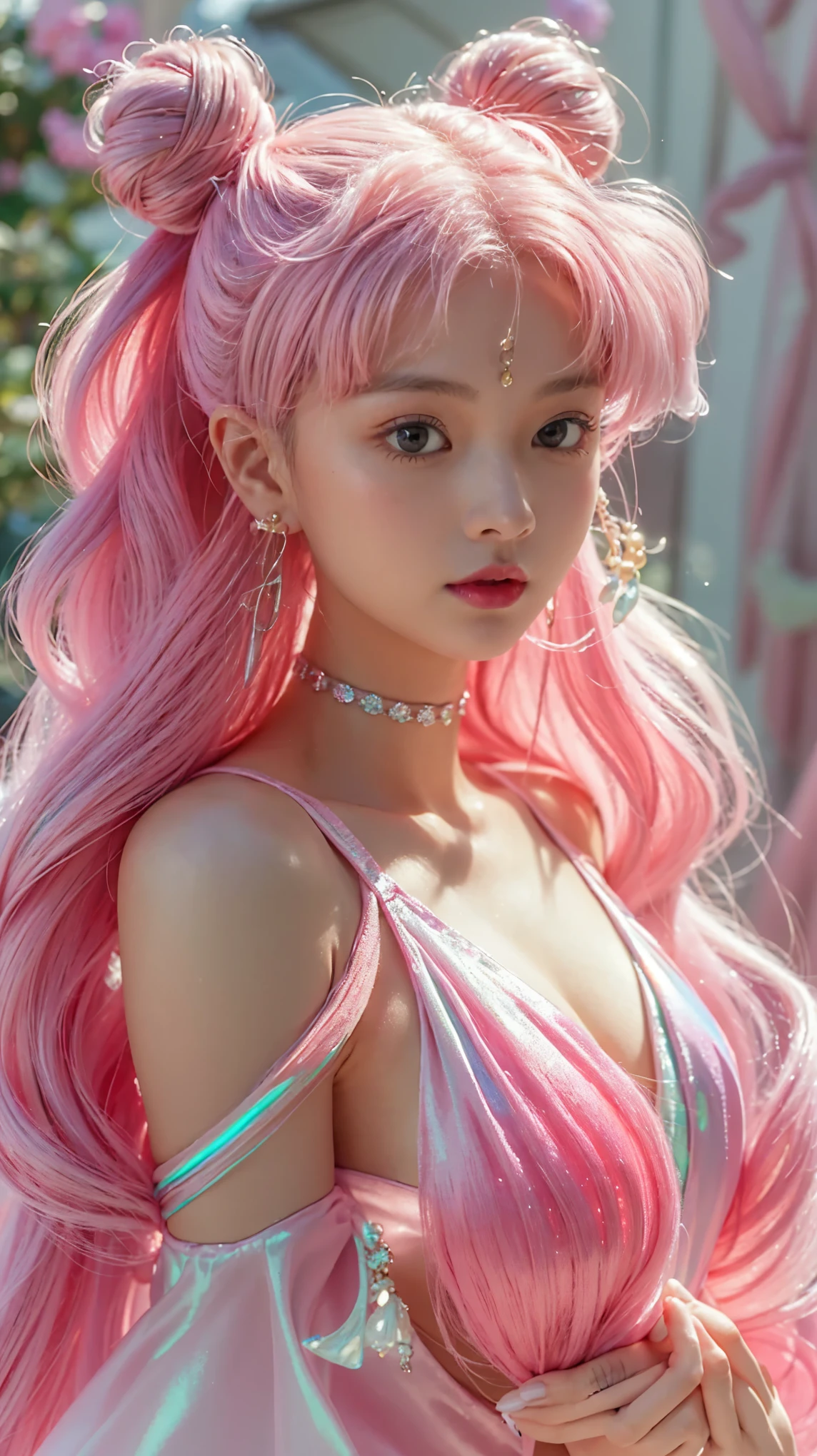 A highly realistic depiction of a young Japanese woman with long, flowing pink hair styled in twin buns, inspired by anime aesthetics. Her skin glows with a soft radiance, featuring delicate highlights and rosy cheeks. She is adorned with an elegant crescent moon symbol on her forehead and accessorized with golden crescent earrings and a choker featuring a pearl pendant. crescent moon on the forehead, She wears a shimmering pink satin dress with iridescent details that catch the light beautifully, emphasizing the luxurious texture. Her large, expressive green eyes gaze softly forward, surrounded by long, fluttering lashes. big breasts, firm breasts, thin lips, shiny lips. The background features a dreamy, blurred garden filled with blooming pink flowers, creating a magical and ethereal atmosphere. realistic, best quality, ultra HD.