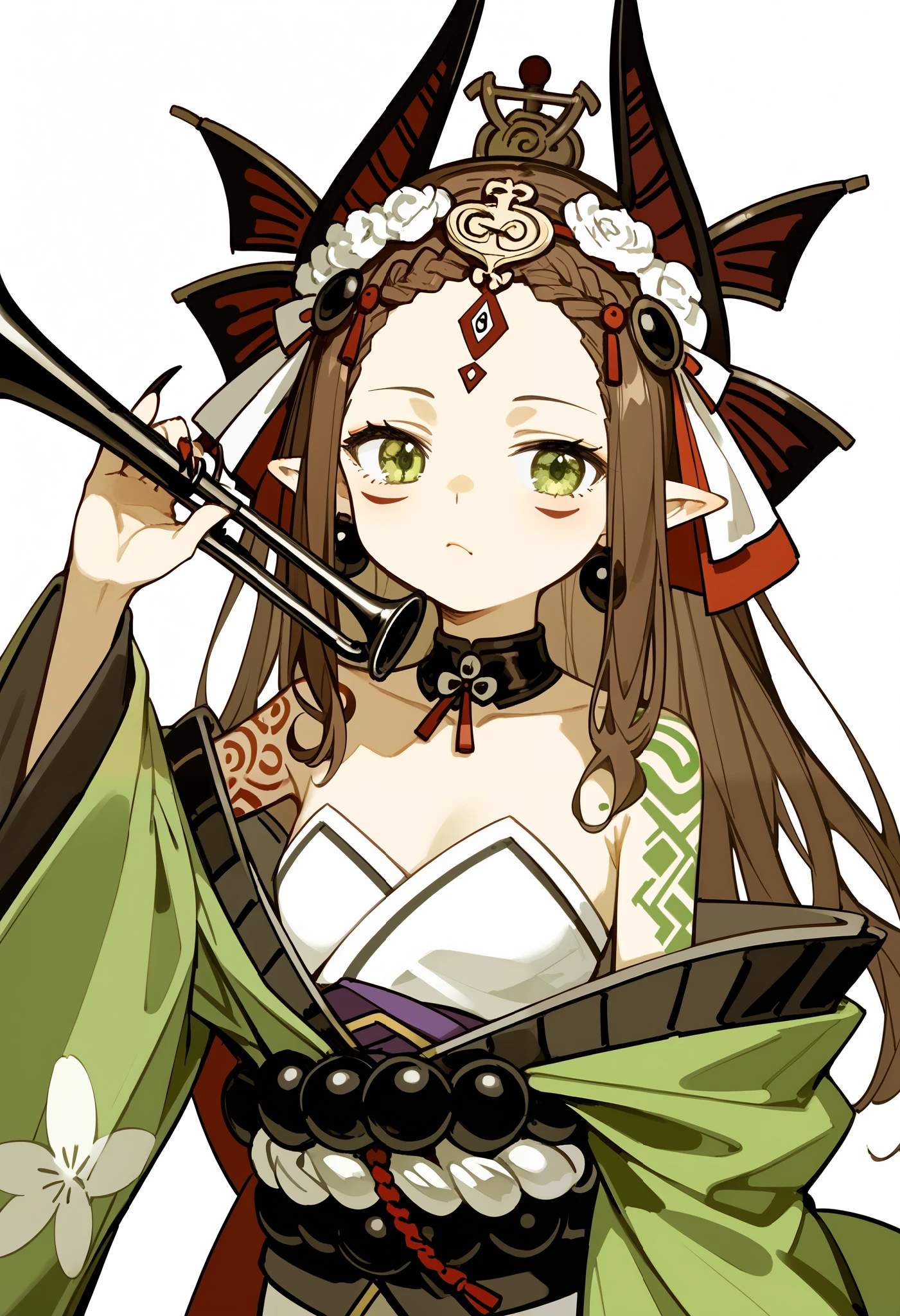 1 Girl, long hair, Brown hair, sidelocks, green eyes, Pointed ears , facial marker , Tattoo, forehead tag , them, trumpet, Sharp nails, hand up, Japanese costume , kimono, Headdress, earrings, Jewelry, bead, strapless, Wide sleeves, barefoot, with ambition , Shut up, direction, Standing, upper body, Fraction_9, Fraction_8_up, Fraction_7_up, masterpiece, Very Beautiful , best quality, white background , green theme ,Braid