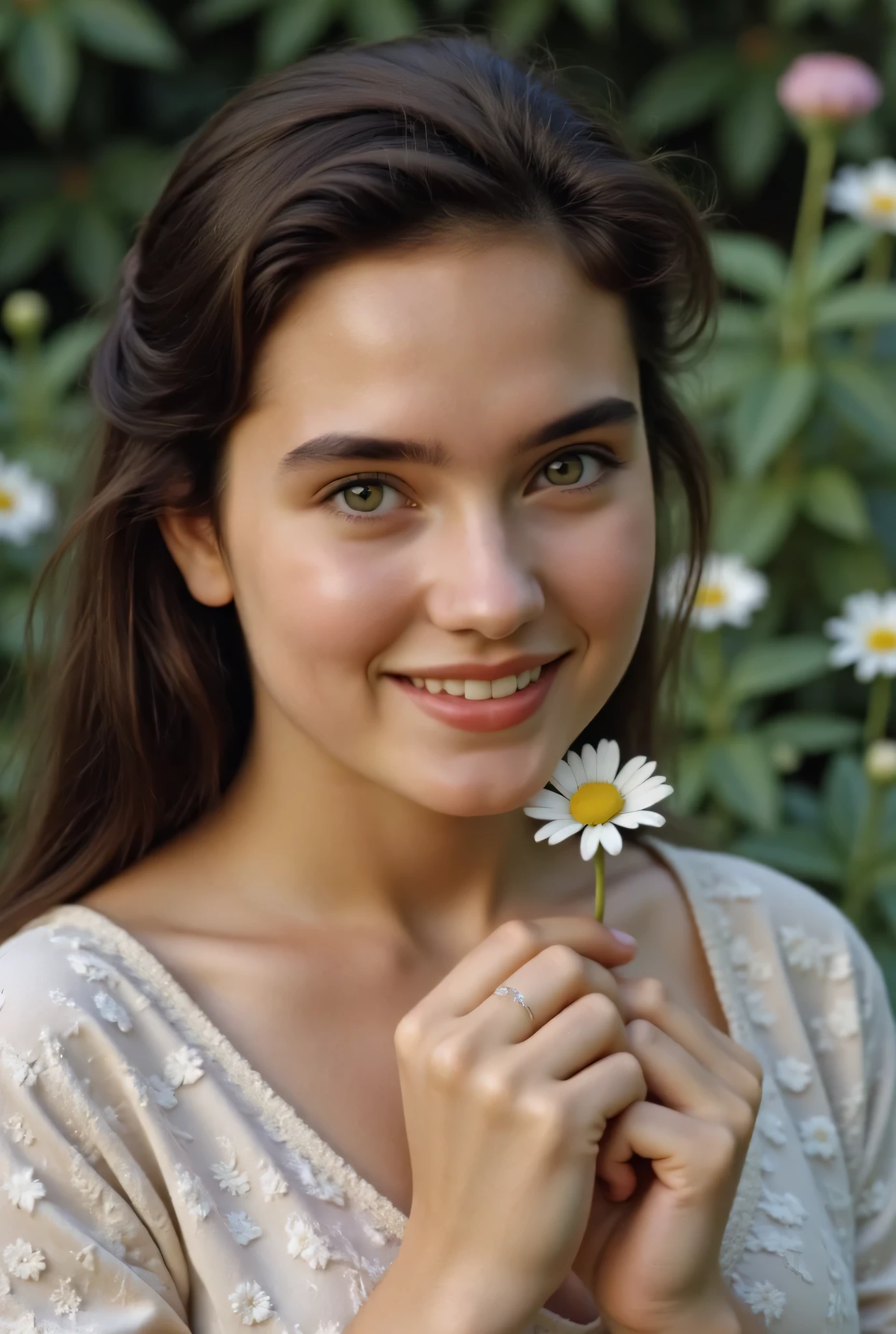 upper body photo, She is facing the viewer directly from the front straight-on. but eyes are on flower, She is a beautiful girl., Jennifer Connelly, ((18-year-old)), round plump soft cheeks, she has a lustrous smooth pale skin., the whiteness of her smooth skin is accentuated., Her lustrous black hair is cut in a braid, both her ears is exposed., Her eyes are glossy dark green., She is smiling tenderly. wearing white full floral dress covering her whole body , soft natural light illuminating on her face., background is garden, she is touching flowers high definition, accurate, High Definition Model, high quality, retina, Textured Skin, Ultra Fine, very detailed, quality, High detail, detail, 最high quality, masterpiece, nsfw