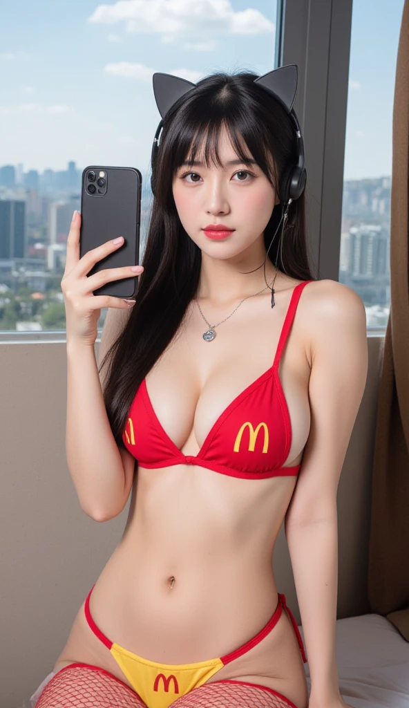 a cute waiter girl in a mini red bikini holding up a mcdonald's hamburger and fries, mcdonald, mcdonalds, serving happy meals, working at mcdonalds, now at mcdonalds, tiny bikini, realistic bikini, instagram model, sexy girl, busty, japanese model, serving burgers, cute bikini, serving fries, oppai, asian, mukbang, the super hot and sexy, sie boob, soda themed girl