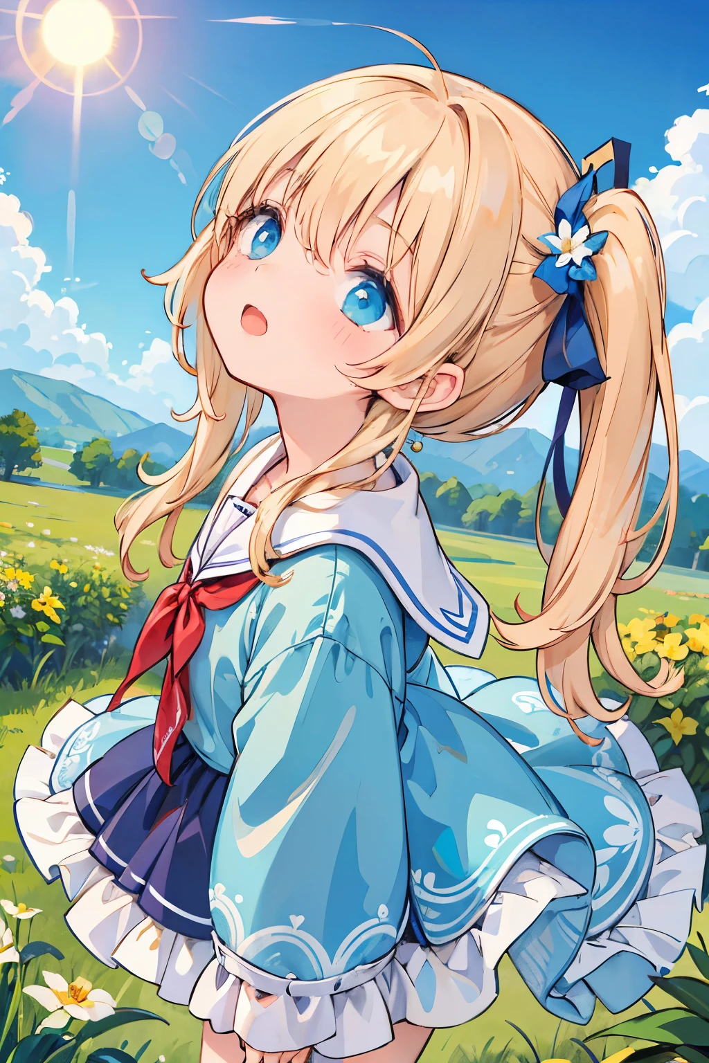 (( best quality )), ((Masterpiece)), ( Details), 1 girl in the bush, high school students、blue sky、School、 Looking Up at the Sky 、Hold your hand to the sun、girl seen from the sky