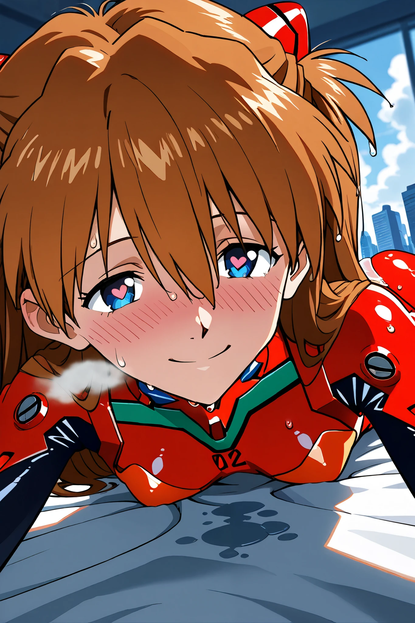 asuka_langley,1 female,solo,looking at the scenery,smile,
I_,wet brown hair,viewer,blue eyes,long hair,hair between the eyes,beautiful eyes,more detailed hair,heart-shaped pupils,blurry,

red plug suit,red bodysuit,pilot suit,
portrait,background,day,cloudy,city,face_concentration,close-up,

beautiful legs,very thin thighs,thin calves,beautiful face,beautiful skin,
flat breast,nallow waist,butt close-up,Sweaty,incontinence,White Breath,I can see her panties,anatomically correct,
highest quality,masterpiece,high definition,soft lighting,
indoors,on bed,bed room,blush,drunk,cowboy shot,dutch angle