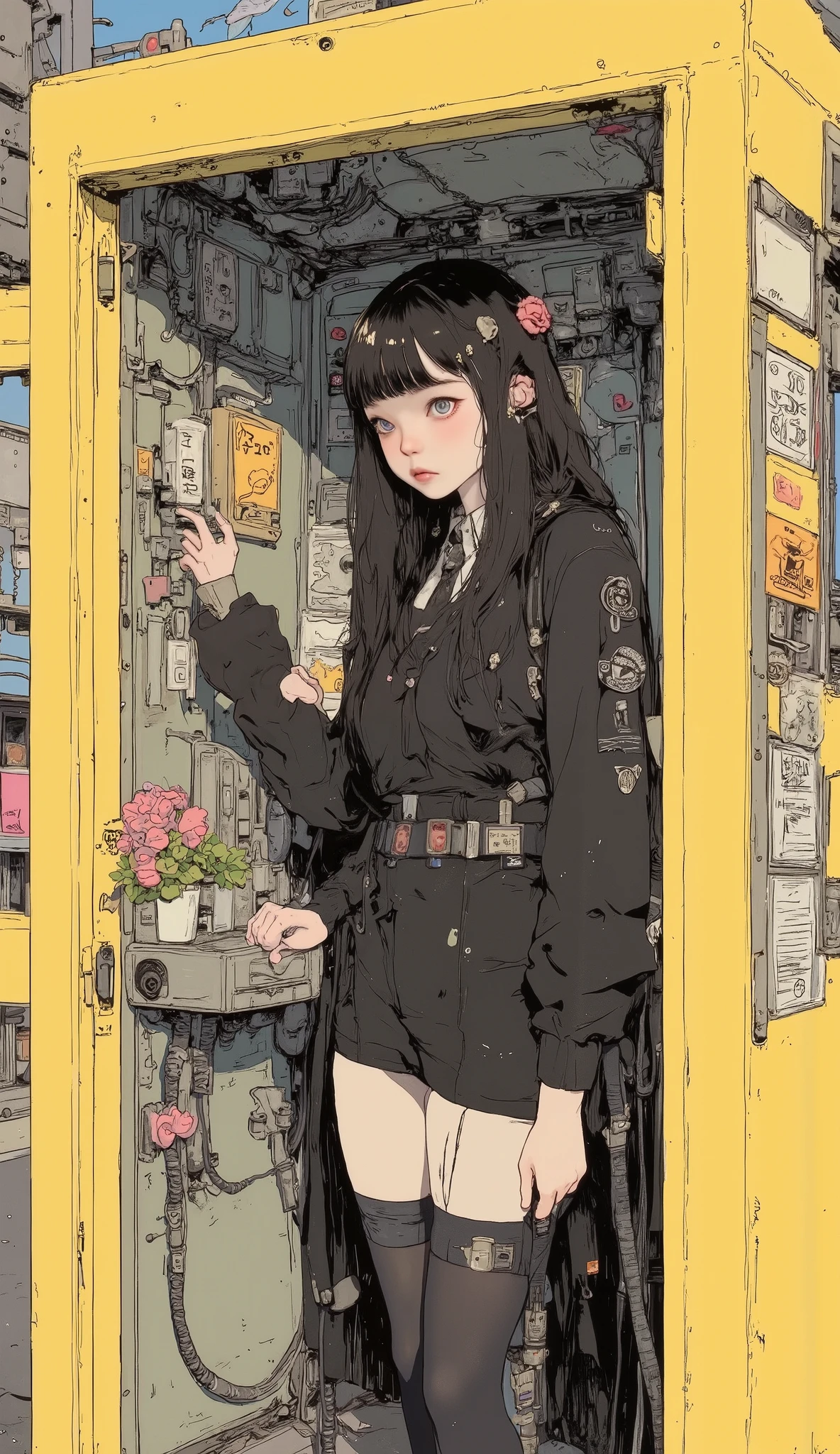 There is a high school girl at the phone booth、 upper body、 close-up ,Black long hair, bangs with lots of flowers 、 If you look at the angle ,Standing with a strap , Surrealism , Japanese cartoon style , graphic details , Detailed details ,Portrait of a schoolgirl , full color, anatomically accurate, high definition ,