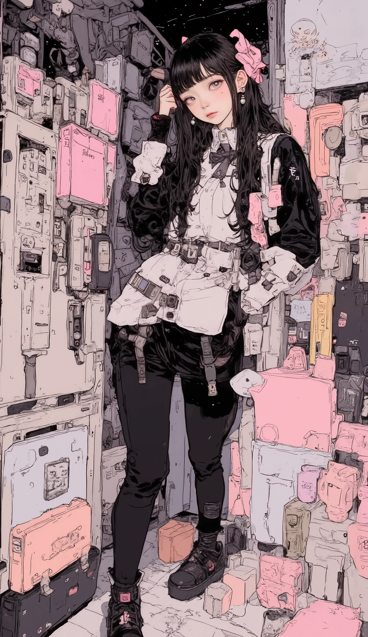 There is a high school girl at the phone booth、 upper body、 close-up ,Black long hair, bangs with lots of flowers 、 If you look at the angle ,Standing with a strap , Surrealism , Japanese cartoon style , graphic details , Detailed details ,Portrait of a schoolgirl , full color, anatomically accurate, high definition ,