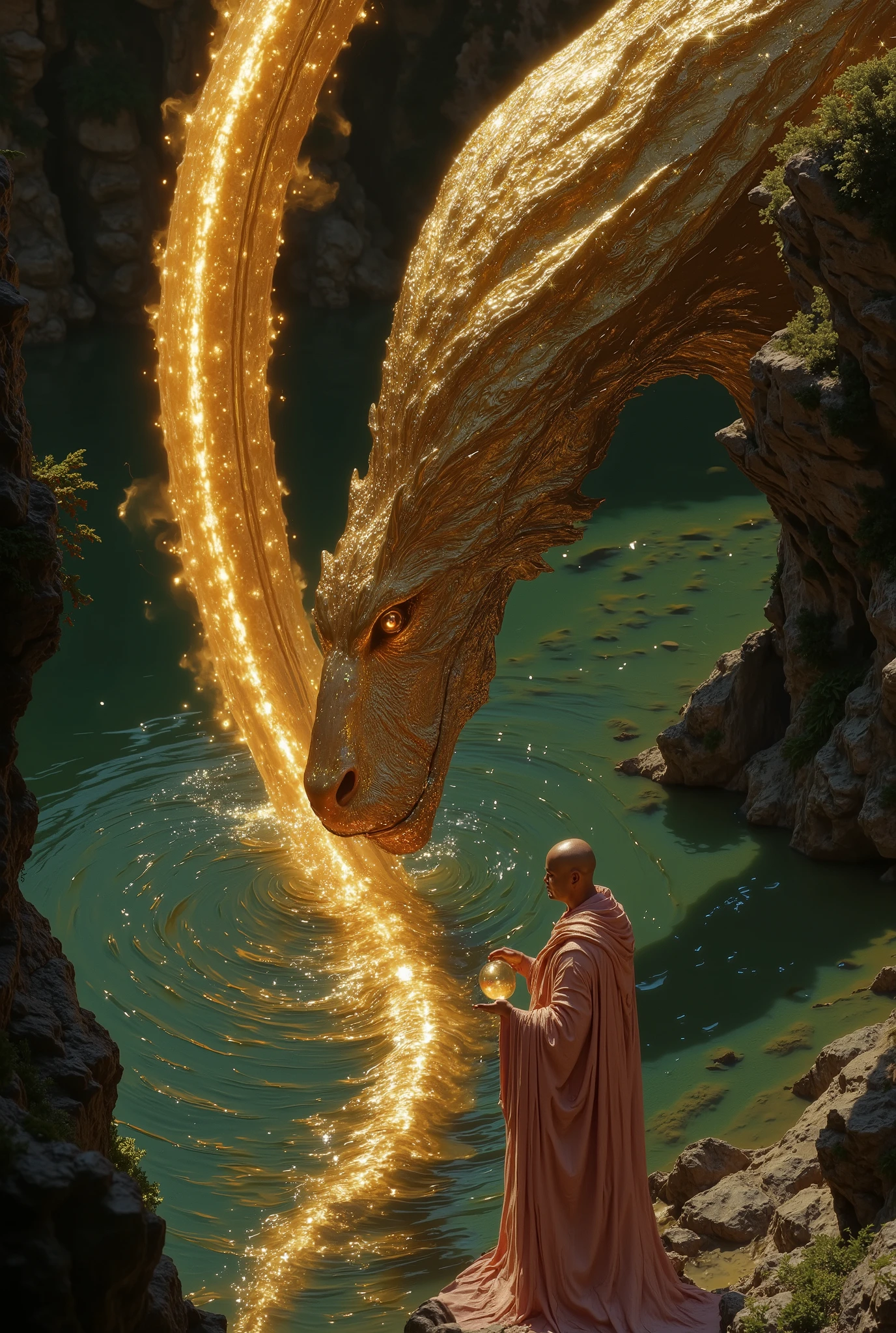 A mystical wizard stands gracefully in the middle of a serene, clear lake, rippling softly around them. The wizard is dressed in a plain, flowing rich pink robe, holding a glowing crystal ball in their hands that radiates a soft golden aura. In front of the wizard, a massive, ethereal golden serpent dragon rises from the water, its scales shimmering with a fiery glow. The dragon exudes power and calm, coiled gracefully as it gazes down at the wizard, creating a deep connection and mutual respect.
The lake reflects the golden light emanating from the dragon’s body, blending beautifully with the serene greenish-blue hues of the water. Surrounding the scene are jagged rocks, moss-covered, and distant foliage framing the mystical environment. The golden sunlight bathes the scene, casting an enchanting and dreamlike glow. The composition captures the dynamic balance between the immense dragon and the poised wizard, emphasizing their magical bond.