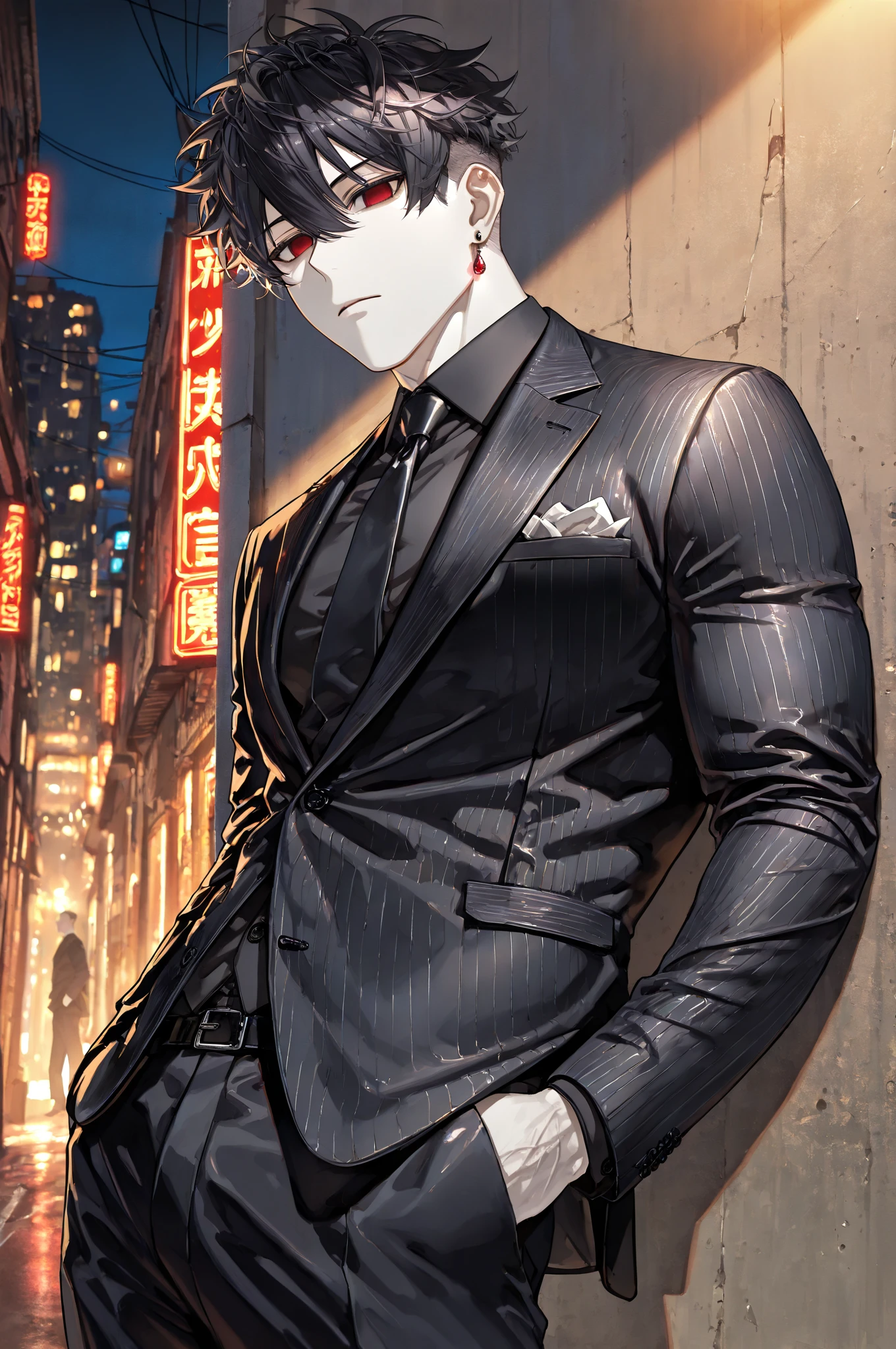 Ultra detailed, HDR, Highres, absurdres, master piece, Ryomen Sukuna, expressive Black eyes, black hair, dark tattoo under the eyes, Jujutsu Kaisen, black suit with patterns, black tight shirt, white smoke, horror at night, sexy man, solo, extremely detailed face and eyes, extremely handsome, glittering