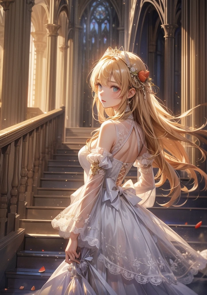 (best qualtiy)), ((tmasterpiece)) wedding princess dress, ray of lights, lens flare glow, White petals, Long coated cat, exotic