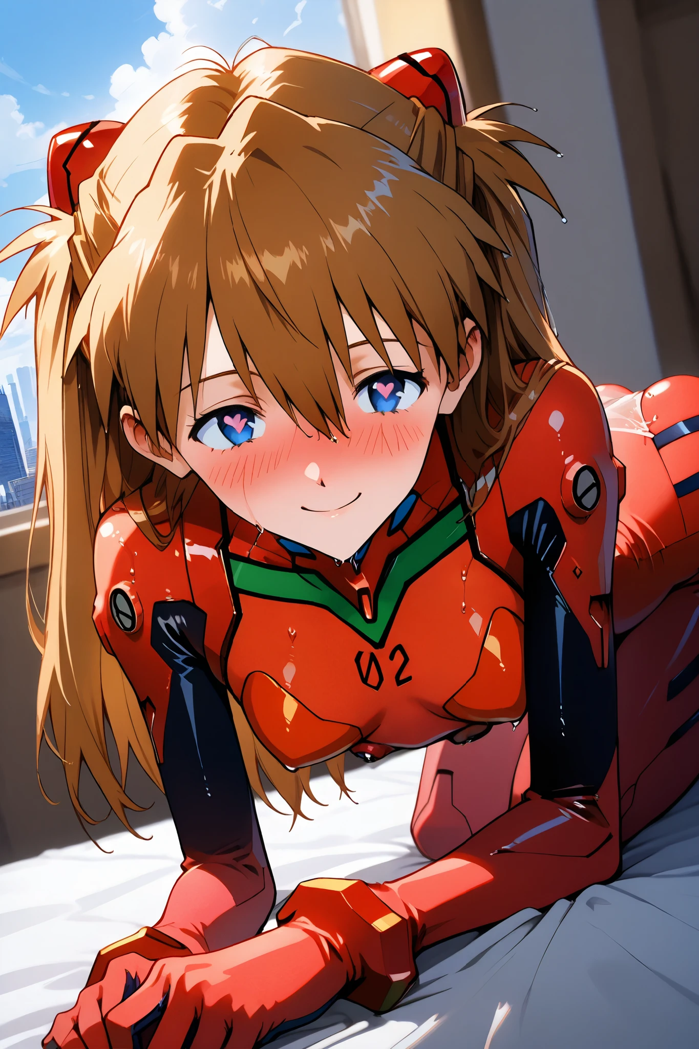 asuka_langley,1 female,solo,looking at the scenery,smile,
I_,wet brown hair,viewer,blue eyes,long hair,hair between the eyes,beautiful eyes,more detailed hair,heart-shaped pupils,blurry,

red plug suit,red bodysuit,pilot suit,
portrait,background,day,cloudy,city,face_concentration,close-up,

beautiful legs,very thin thighs,thin calves,beautiful face,beautiful skin,
flat breast,nallow waist,butt close-up,Sweaty,incontinence,White Breath,I can see her panties,anatomically correct,
highest quality,masterpiece,high definition,soft lighting,
indoors,on bed,bed room,blush,drunk,cowboy shot,dutch angle