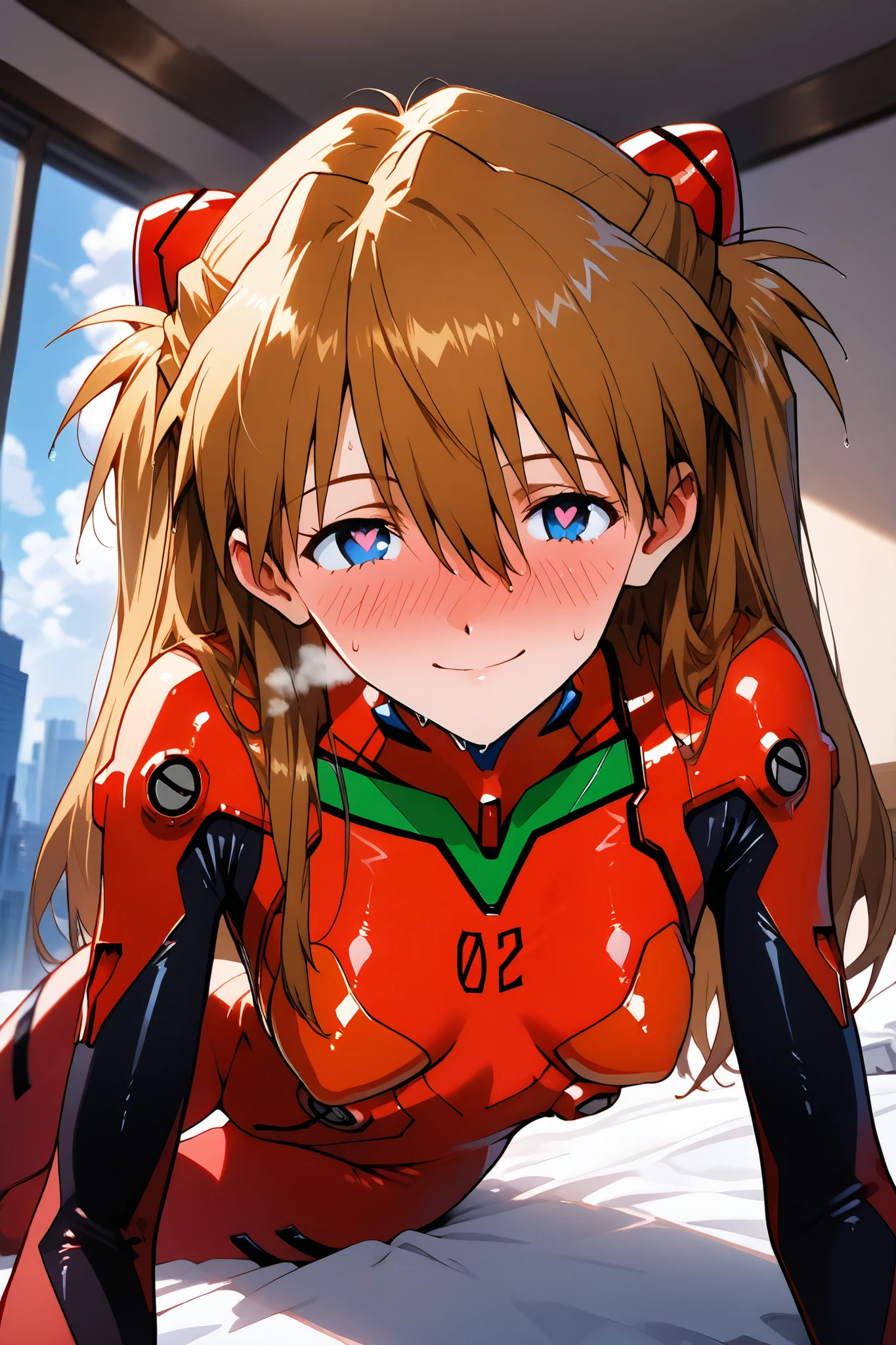 asuka_langley,1 female,solo,looking at the scenery,smile,
I_,wet brown hair,viewer,blue eyes,long hair,hair between the eyes,beautiful eyes,more detailed hair,heart-shaped pupils,blurry,
red plug suit,red bodysuit,pilot suit,
portrait,background,day,cloudy,city,face_concentration,close-up,
beautiful legs,very thin thighs,thin calves,beautiful face,beautiful skin,
flat breast,nallow waist,butt close-up,Sweaty,incontinence,White Breath,I can see her panties,anatomically correct,
highest quality,masterpiece,high definition,soft lighting,
indoors,on bed,bed room,blush,drunk,cowboy shot,dutch angle