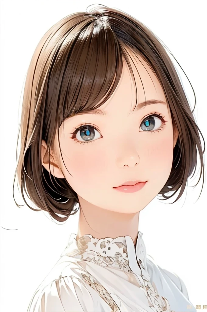 The masterpiece is、 Highest Image Quality Taken by Ki 、 Super Fine 、 32K 、 Watch viewer 、 looking straight ahead 、 luxury white lace blouse 、 outward facing short hair 、 light brown hair 、 Oblique Bunster with 46 Points 、 最 High Quality で 、 (Genuine:1.4)、 Ultra Fine 、 ( Thin, Beautiful Eyes :1.6)、 Symmetric、 Very elaborate face 、 perfect lighting 、 ( Perfect Anatomy )、 ( white background :1 )、 Highest image quality taken with Ki 、 Characteristics of short hair 、 High Quality 、 visual art 、 Autumn Fairy 、