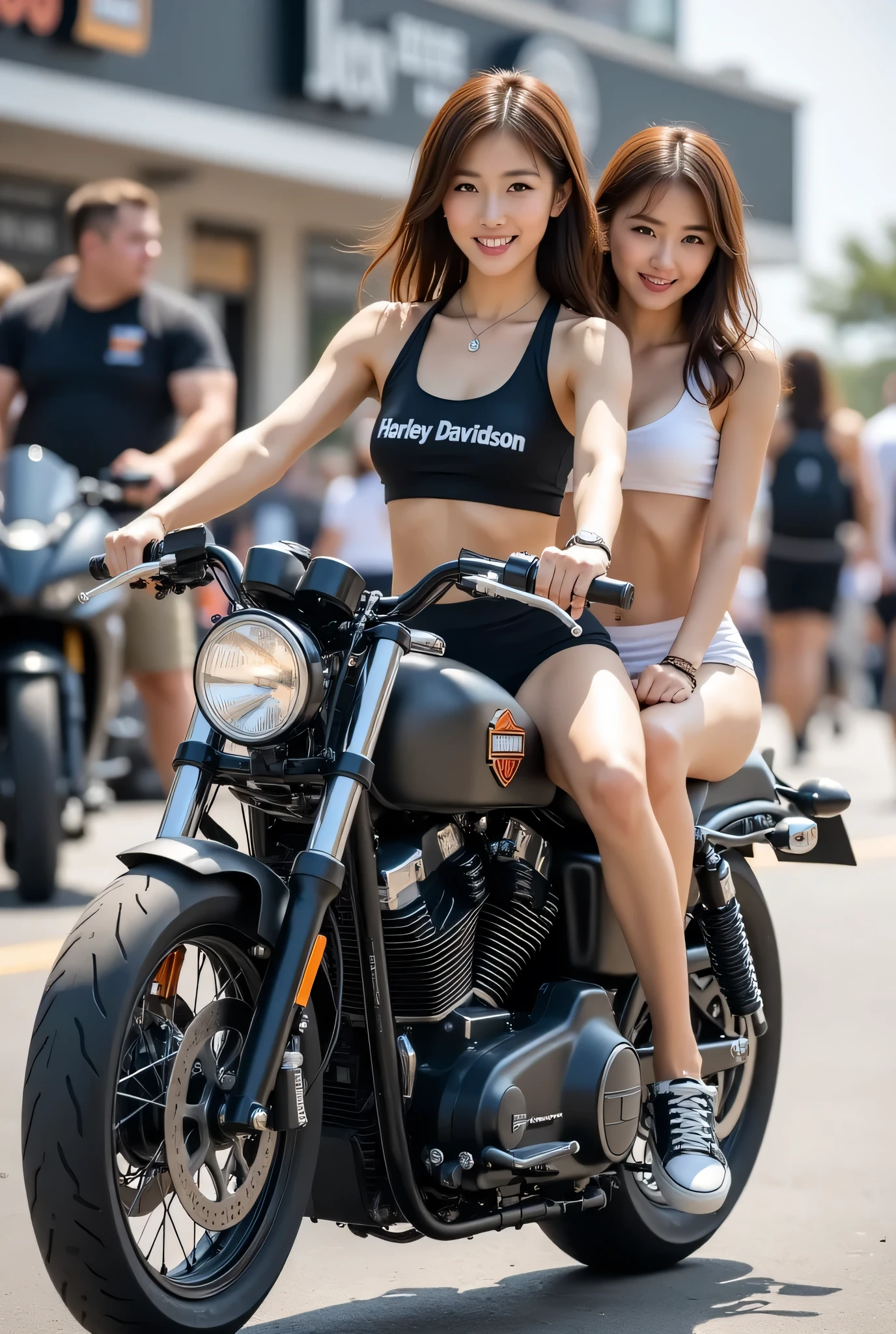(8k, Top Quality , Masterpiece), ( is present , photo is present : 1), (GRID GIRL RIDING HARLEY DAVIDSON :1)、 COMPANION GIRL SEAT ON MOTORSHOW MOTORCYCLE、Right sense of size