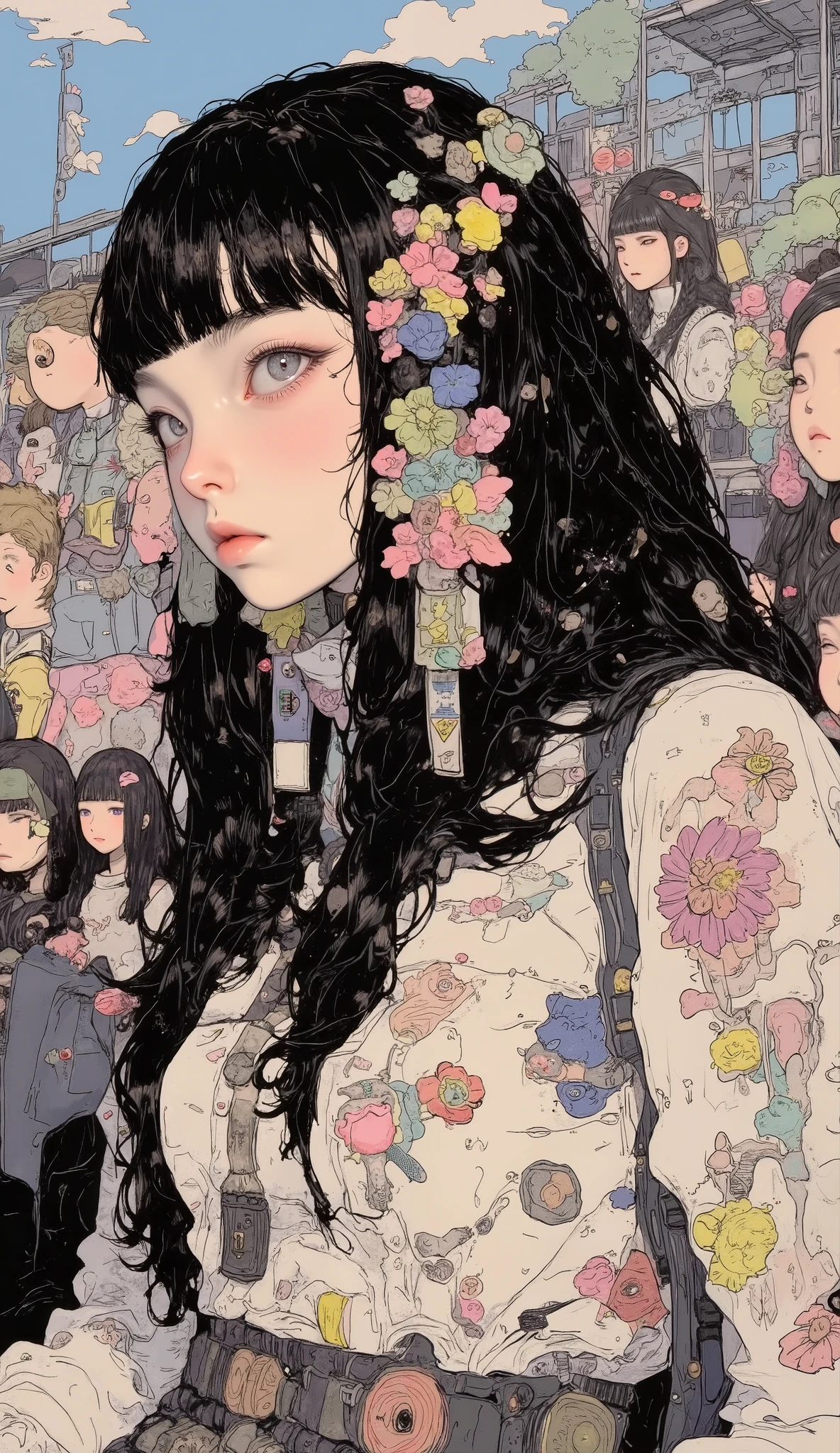 There is a high school girl in the audience seat at the stadium、 upper body、 close-up  ,Black long hair,  bangs with lots of flowers 、 If you look at the angle ,Watching a motocross race,  Surrealism  ,  Japanese cartoon style ,  graphic details  , Detailed details  ,Portrait of a girl  ,  full color,  anatomically accurate,  high definition ,