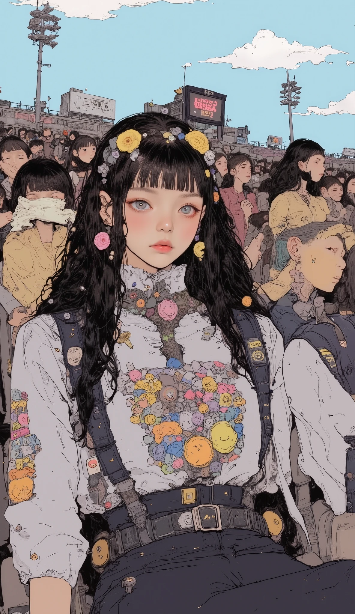 There is a high school girl in the audience seat at the stadium、 upper body、 close-up ,Black long hair, bangs with lots of flowers 、 If you look at the angle ,Watching a motocross race, Surrealism , Japanese cartoon style , graphic details , Detailed details ,Portrait of a girl , full color, anatomically accurate, high definition ,