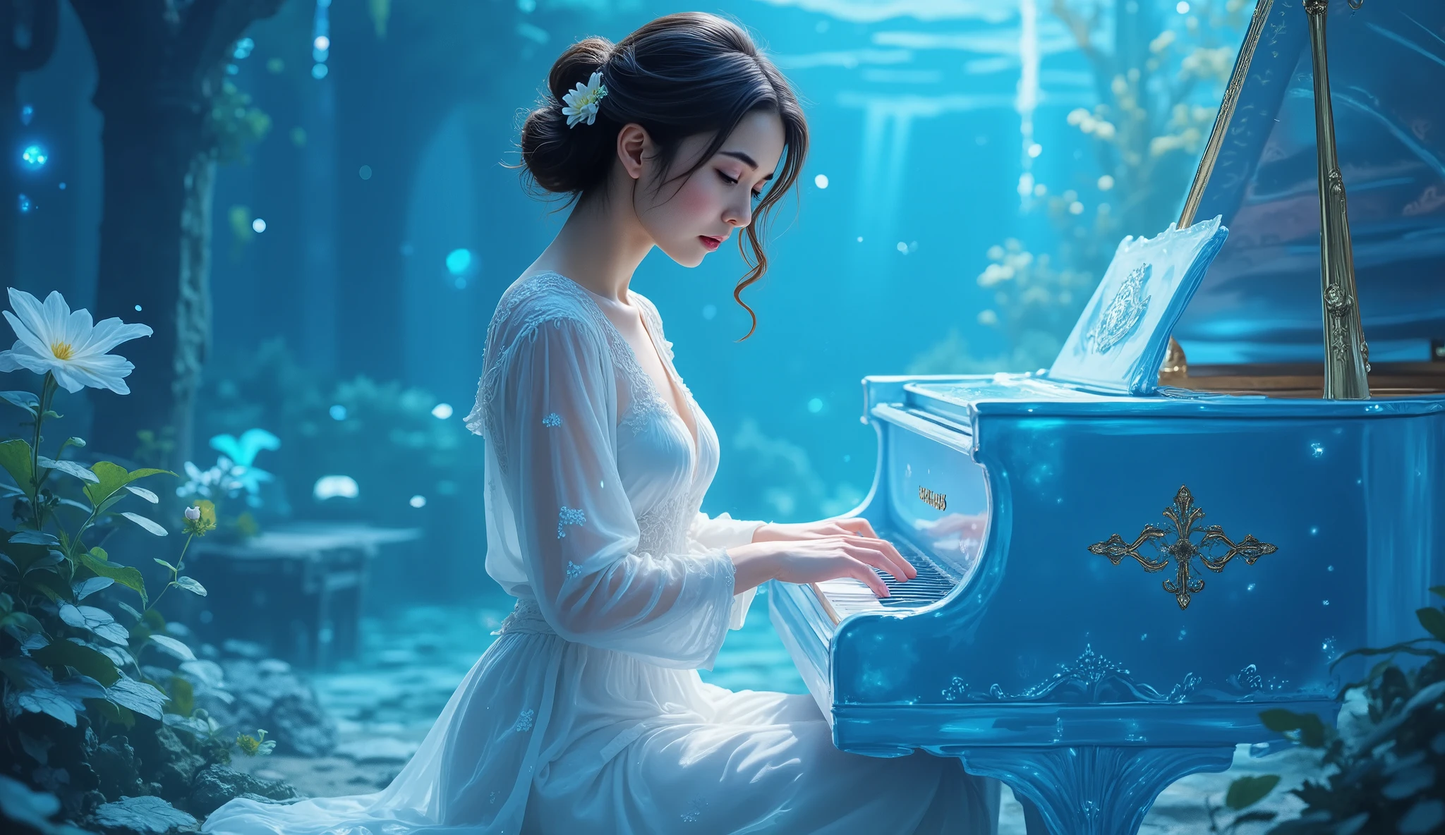 Magic style, realism, illustration,
This photograph captures a serene and ethereal scene featuring a young Asian woman playing a grand piano. She is dressed in an elegant, flowing white gown adorned with delicate lace and intricate embroidery. The dress has thin straps and a low-cut neckline, showing her slender figure and fair skin. Her dark hair is styled in an elegant updo, adorned with a white flower on the left side, adding a touch of natural beauty to her appearance.
The piano she plays is an exquisite, translucent blue grand piano, its surface shimmering with a crystalline quality. The keys are black and white, and the instrument's legs are intricately designed, adding to its ornate appearance. The woman's fingers are poised delicately over the keys, indicating she is in the middle of playing.
The background is a mystical, underwater environment with a blue hue, suggesting an otherworldly setting. The scene is filled with soft, diffused light, creating a dreamy atmosphere. The background includes abstract, glowing shapes and plants, adding to the surreal ambiance. The overall composition of the image is balanced and harmonious, blending the ethereal beauty of the woman with the enchanting underwater world.