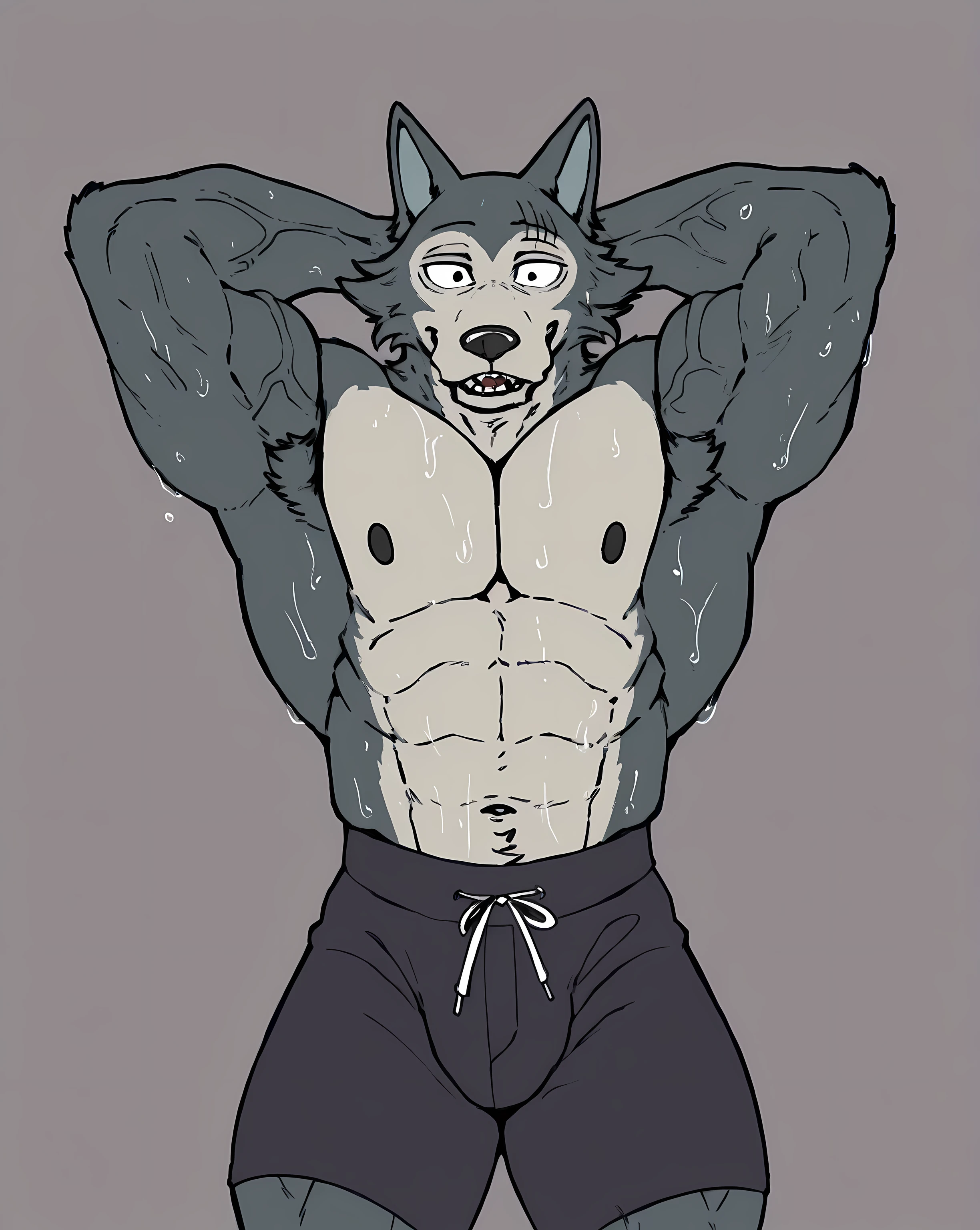 A Very Muscular Furry Gray Wolf. He is Topless with a gray shorts. His both hand is Together and behind his head. The background is Gray. He have a little messy hair. He have gray eye
