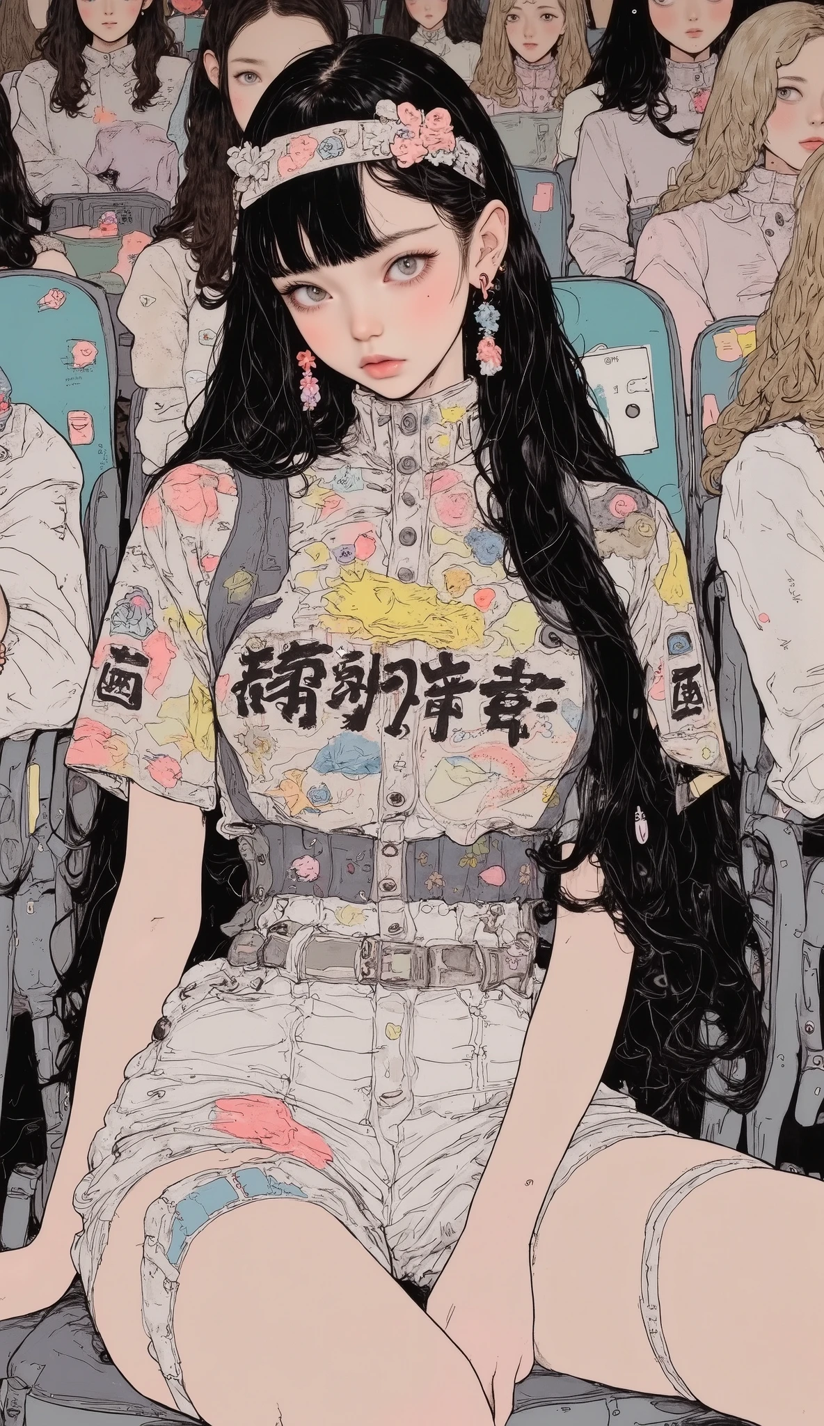 There is a high school girl in the audience seat at the stadium、 upper body、 close-up  ,Black long hair,  bangs with lots of flowers 、 If you look at the angle ,Athletic Trainers,  Surrealism  ,  Japanese cartoon style ,  graphic details  , Detailed details  ,Portrait of a schoolgirl  ,  full color,  anatomically accurate,  high definition ,