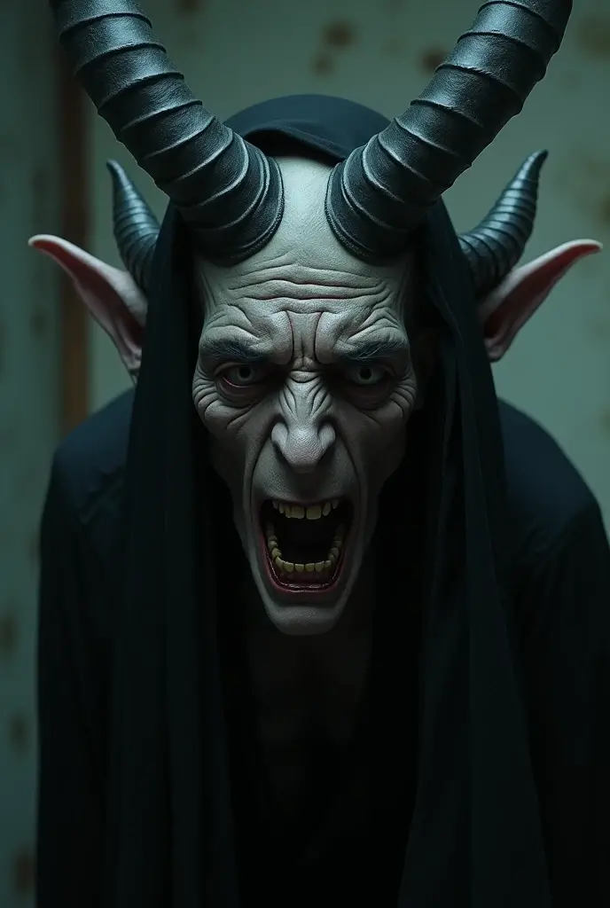 Here is the cinematic image of Satan, portrayed as a sad and grotesque figure. The scene captures her sadness and deformity, creating a dark atmosphere that reflects their fallen nature.