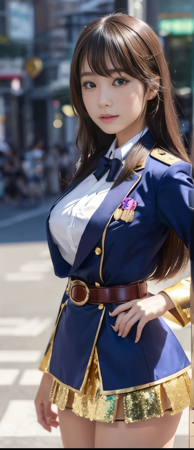 pure idol girl( shiny hair)、A pure girl's face、Tanned Thick Legs 、gold sequin uniform、、Gorgeous Belt 、