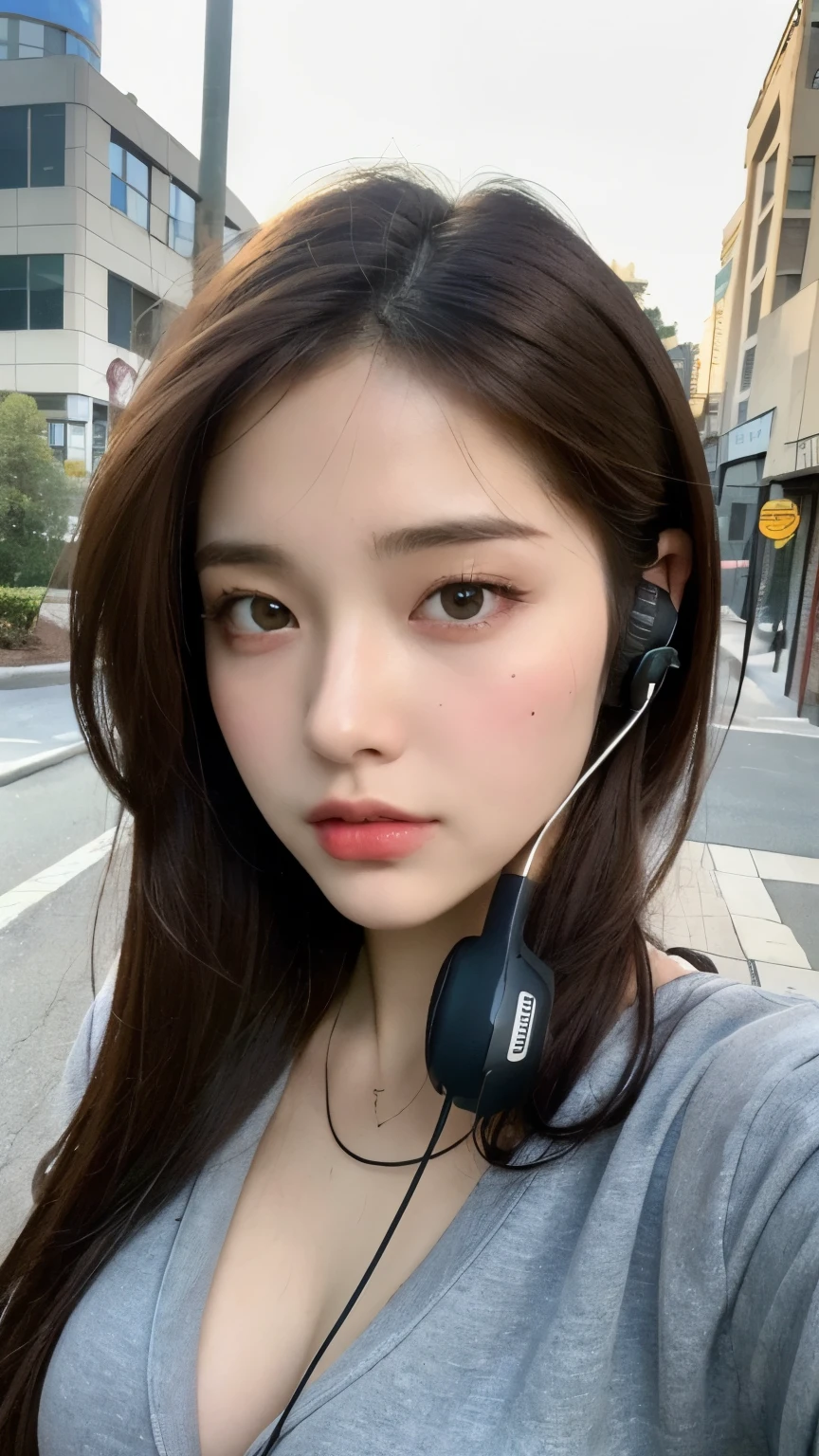 (Best quality, high resolution, masterpiece: 1.3), a beautiful woman, big breasts, slim figure, (short dark brown hair), wearing headphones, sweatshirt, on the street, details in the face and skin texture beautifully presented, detailed eyes, double eyelids, big eyes