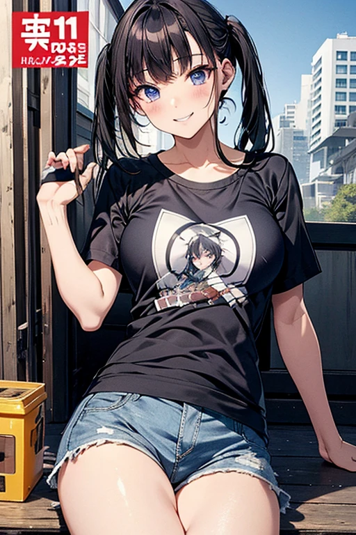absurdres, 8k, 4k, masterpiece, hyper extreme detailed:1. 2), solo, 1girl, front view, perfect face, 1girl, portrait, expressive eyes, looking at viewer, solo, brown eyes, standing, mature woman, pale, long black hair, casual clothes, adult, looking forward, front view, confident, cautious, rational, wind, swept fringes, mature body, tomboy, adult, black nails, black shorts, jacket, baseball cap, shoulder strap, braces, ayuzawa_misaki. Housekeeper, adult, medium bust, long hair, long black hair, graphic t-shirt, half body, cowboy photo, bedroom background, bondage, tied up, restrained, shibari, gagged,