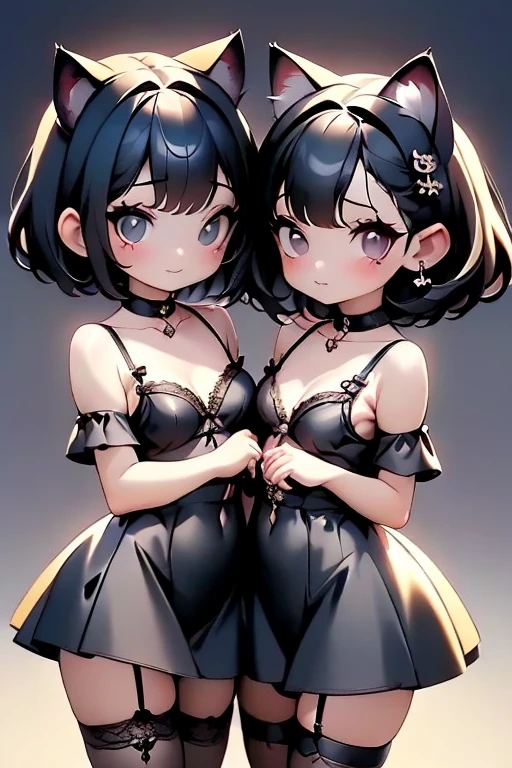 Hands Behind Back,Tied with hands behind back,lick,from front,front view,looking at viewer, looking ahead,from above,cowboy shot,2girl,Beautiful old girl,twins,Japanese,Slender,,low length,Small breasts,Thin legs,Small Ass,Baby Face,Small face,Black Hair,two side up,Drooping eyes,black eye,middle School girls,Sheer black and pink negligee,lingerie,Collar with leash,Bunny ears,open mouth,Stick out tongue, saliva ,front face,Kneeling,Straight Stand,Beautiful and detailed anime art,Desire expression,crave,cum on tongue,Dimly lit room,On the bed,Simple Background,Gray background,Low lighting,