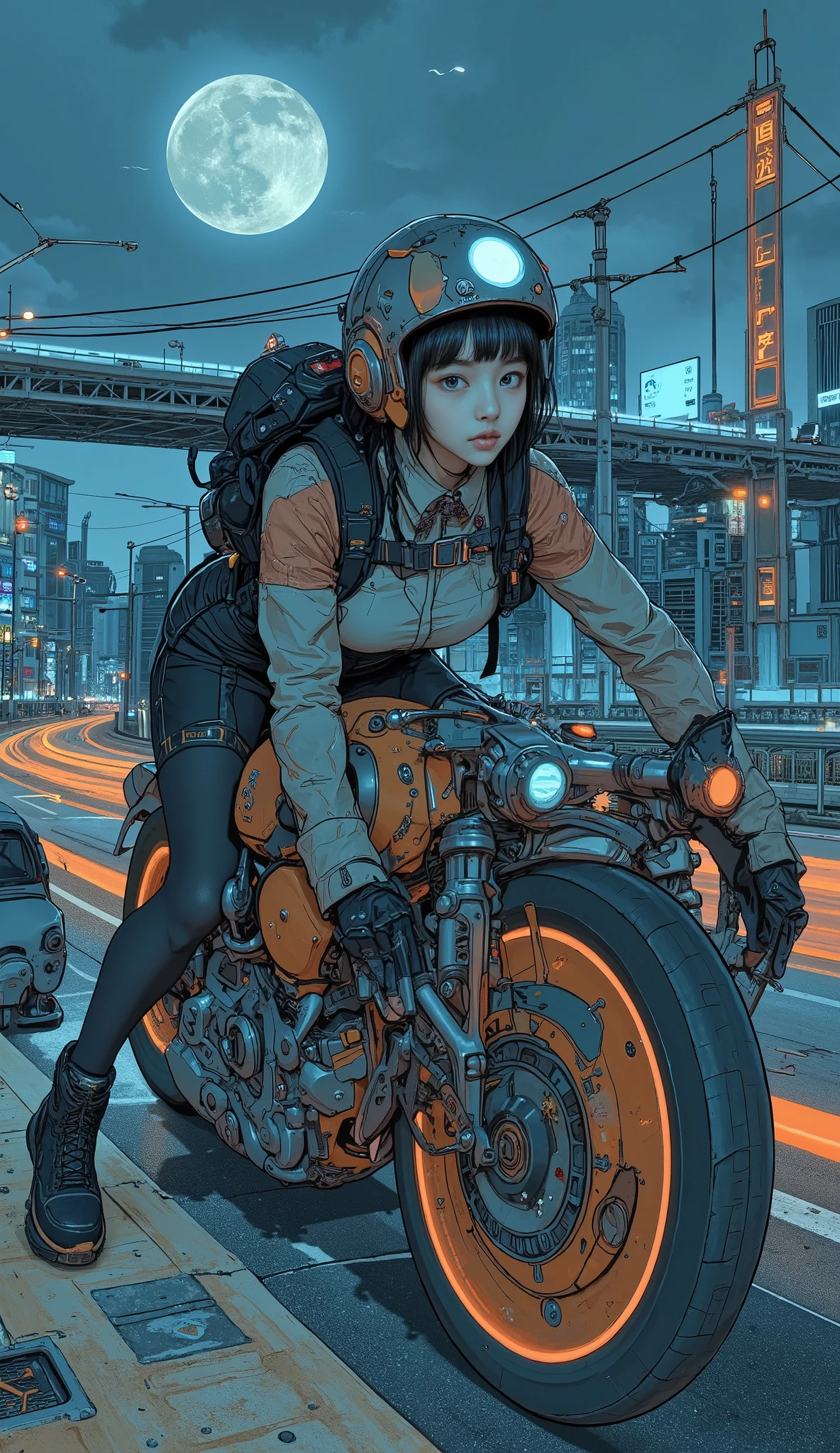 Surrealism , artwork, 8K quality, Akira girl riding a motorcycle, The moonlit city of Osaka, uniform, Nike sneakers、 anatomically accurate、