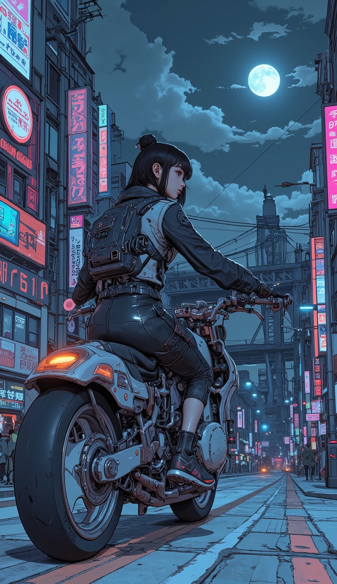 Surrealism , artwork, 8K quality, Akira girl riding a motorcycle, The moonlit city of Osaka, uniform, Nike sneakers、 anatomically accurate、