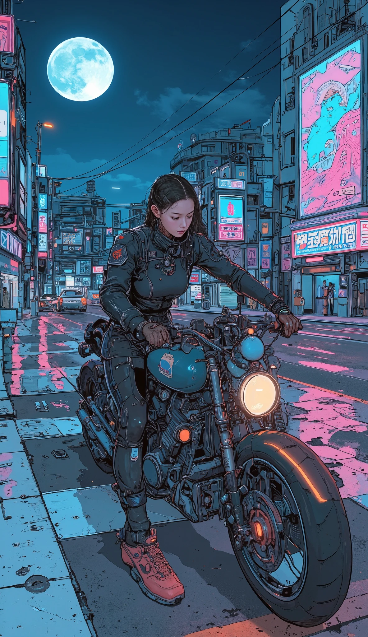 Surrealism , artwork, 8K quality, Akira girl riding a motorcycle, The moonlit city of Osaka, uniform, Nike sneakers、 anatomically accurate、