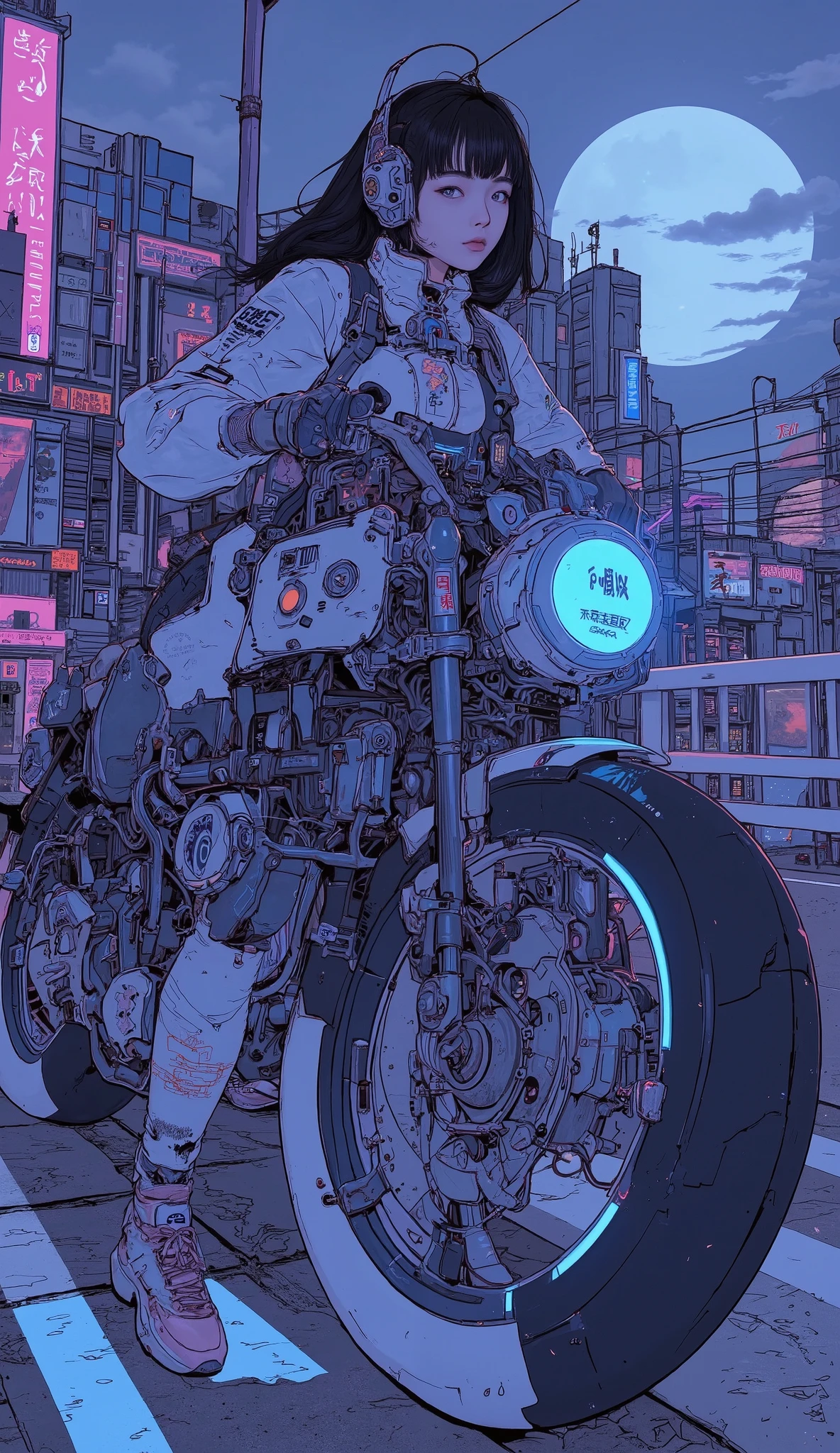 Surrealism , artwork, 8K quality, Akira girl riding a motorcycle, The moonlit city of Osaka, uniform, Nike sneakers、 anatomically accurate、