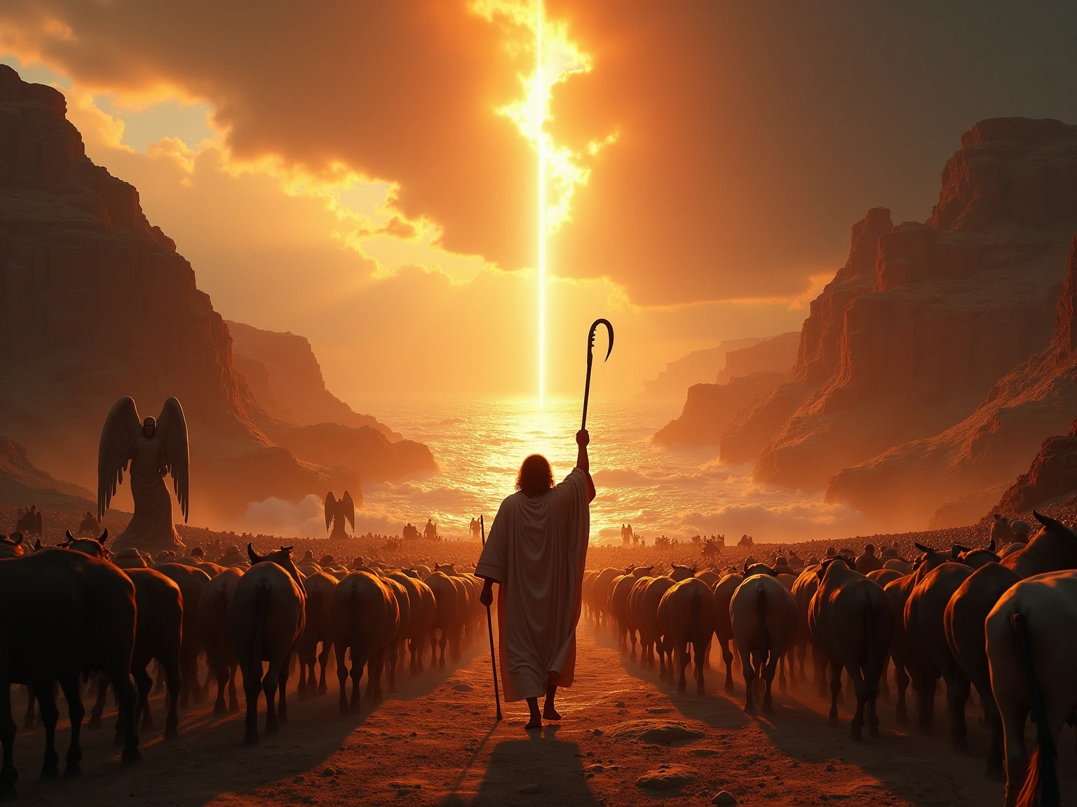 Jesus with his disciples, tempos antigos, caminhando, Lights through the skies. Ambiente iluminado.
