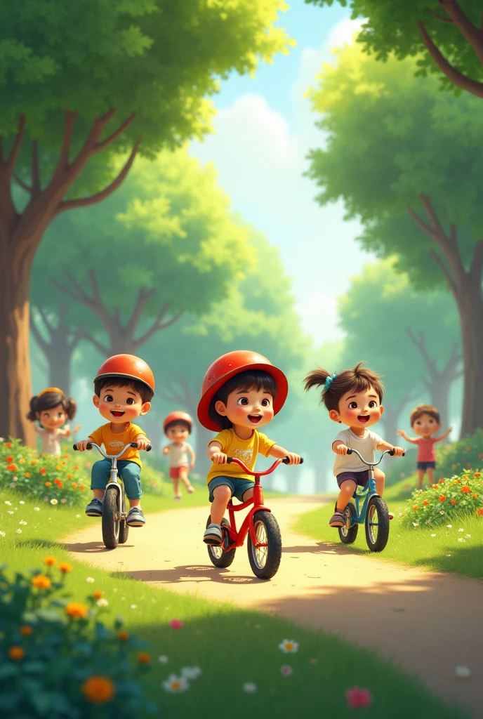 4 boys riding a cycles with gap in between