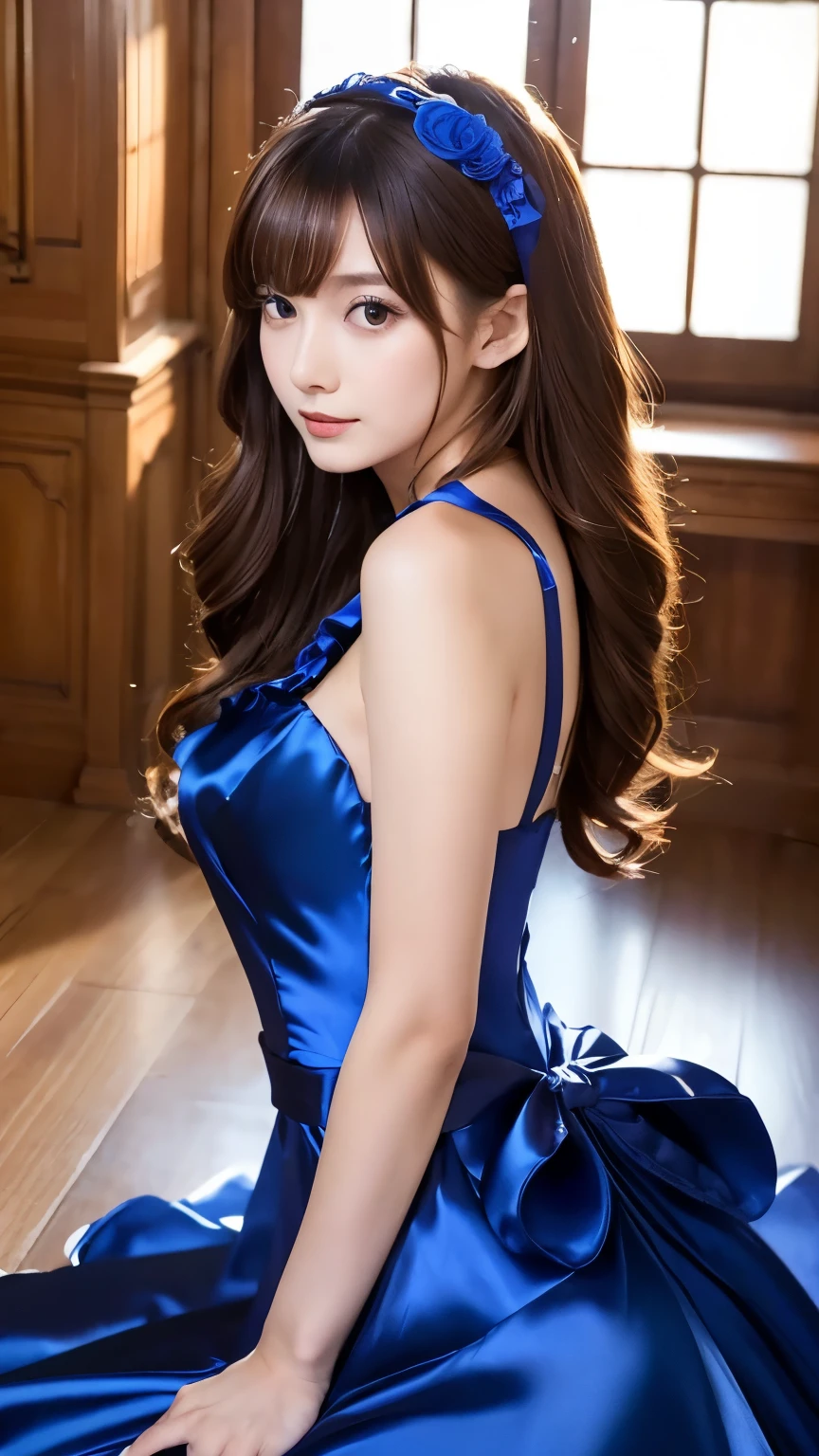 Arafed asian woman in a blue dress sitting on a wooden floor - SeaArt AI