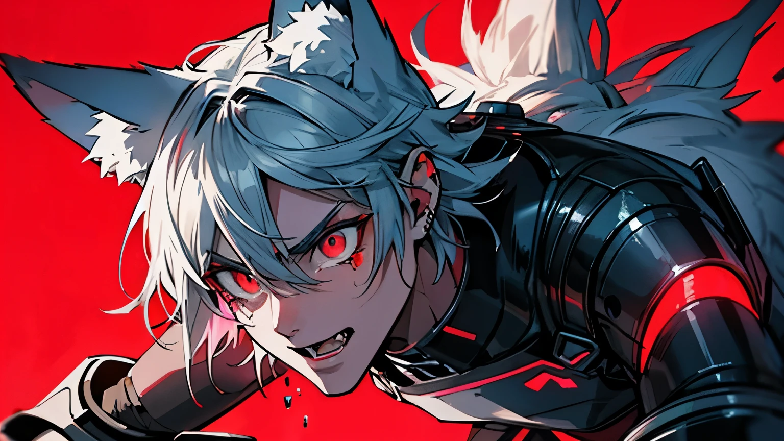 Male, Man, 20 years old, thin body, not very muscular, pale skin, white hair, medium-long hair, messy, mullet style, deep red eyes, cold expression, dangerous beauty, pierced ears, piercing tongue. Sticking out tongue.
