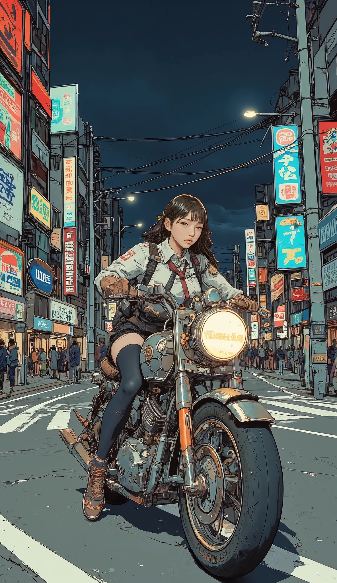 Surrealism , artwork, 8K quality, Akira girl riding a motorcycle, Osaka Expressway at night, uniform, Nike sneakers、 anatomically accurate、