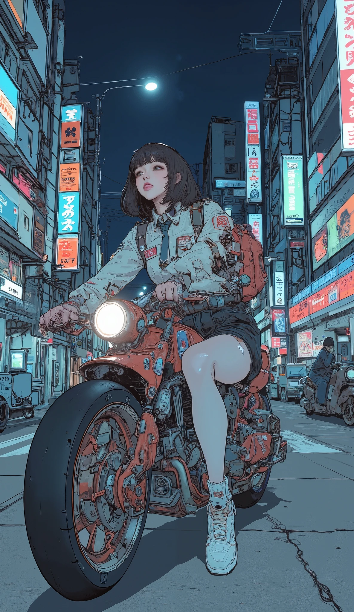 Surrealism , artwork, 8K quality, Akira girl riding a motorcycle, Osaka Expressway at night, uniform, Nike sneakers、 anatomically accurate、