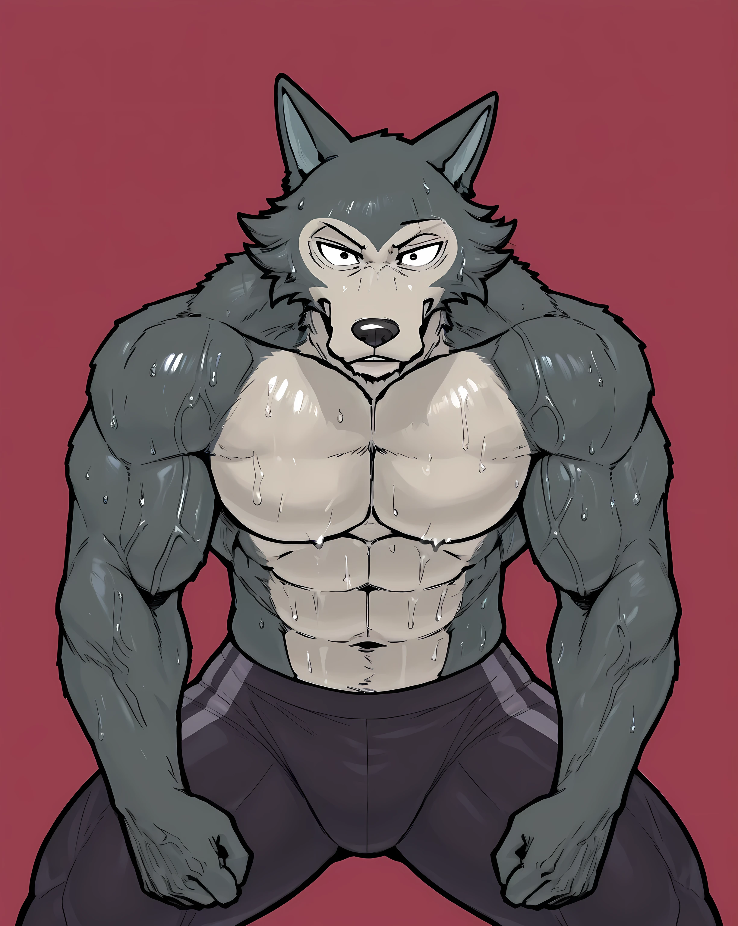 Massive muscular female wolf girl, large biceps, large forearms, six pack abs, booty shorts, thong underwear, sports bra, large breasts