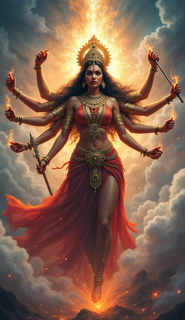 Angry fire Goddess Durga uses weapon to slaughter an old indian lady who is wearing white saree