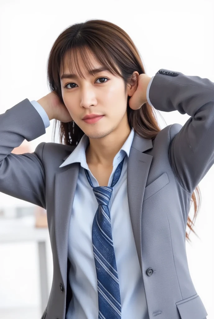 Japanese,office, Sleeveless Business Shirt, Her underwear is visible,Squinting,Sexy look,Emphasizes the chest,skirt,Her hands are tied behind her head in her hair,sadistic,Showing her side,Look up,Crouching with legs apart and looking up,